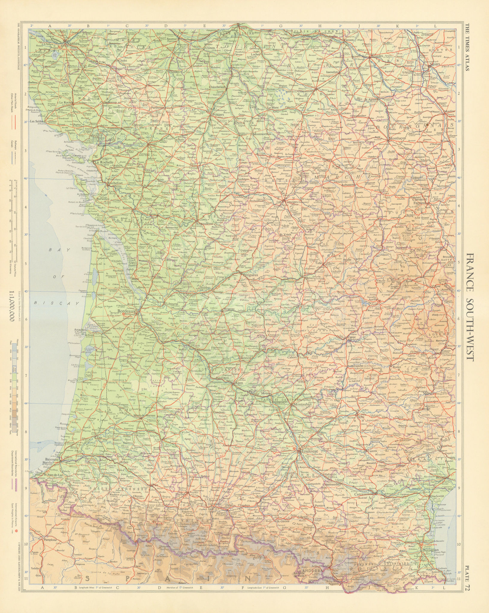 Associate Product France south-west. Aquitaine Occitanie. TIMES 1955 old vintage map plan chart