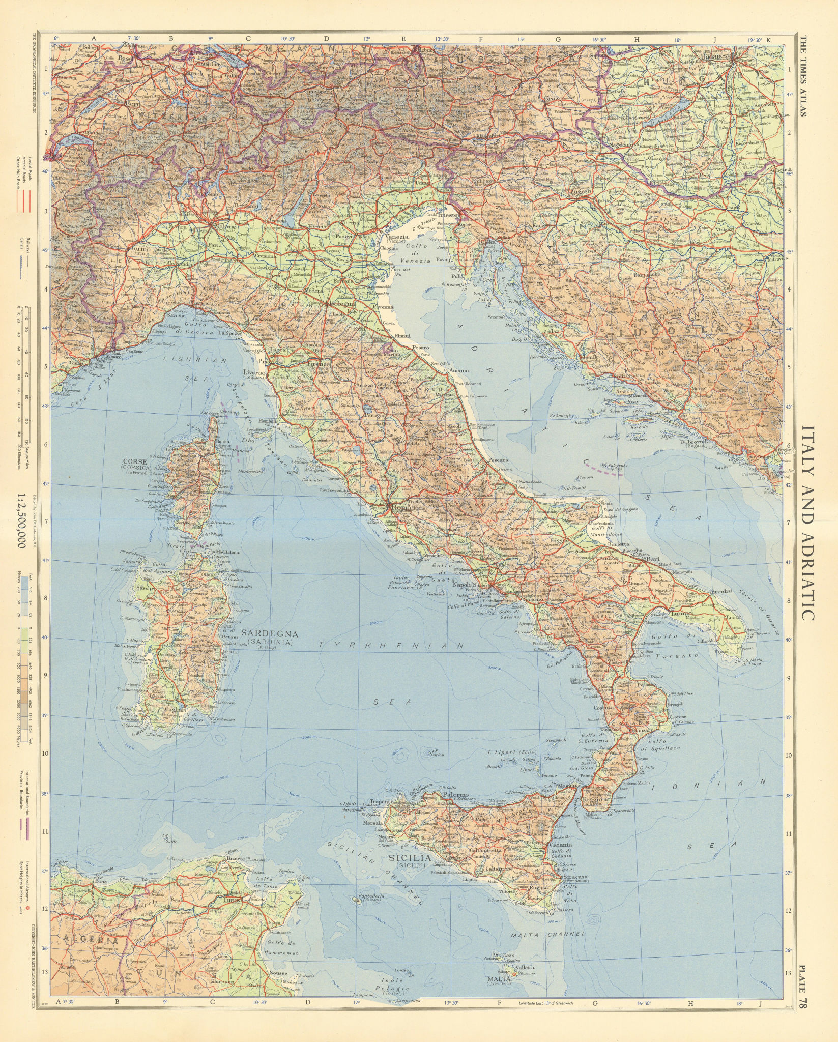 Associate Product Italy and the Adriatic. Road network. Autostrade. TIMES 1956 old vintage map