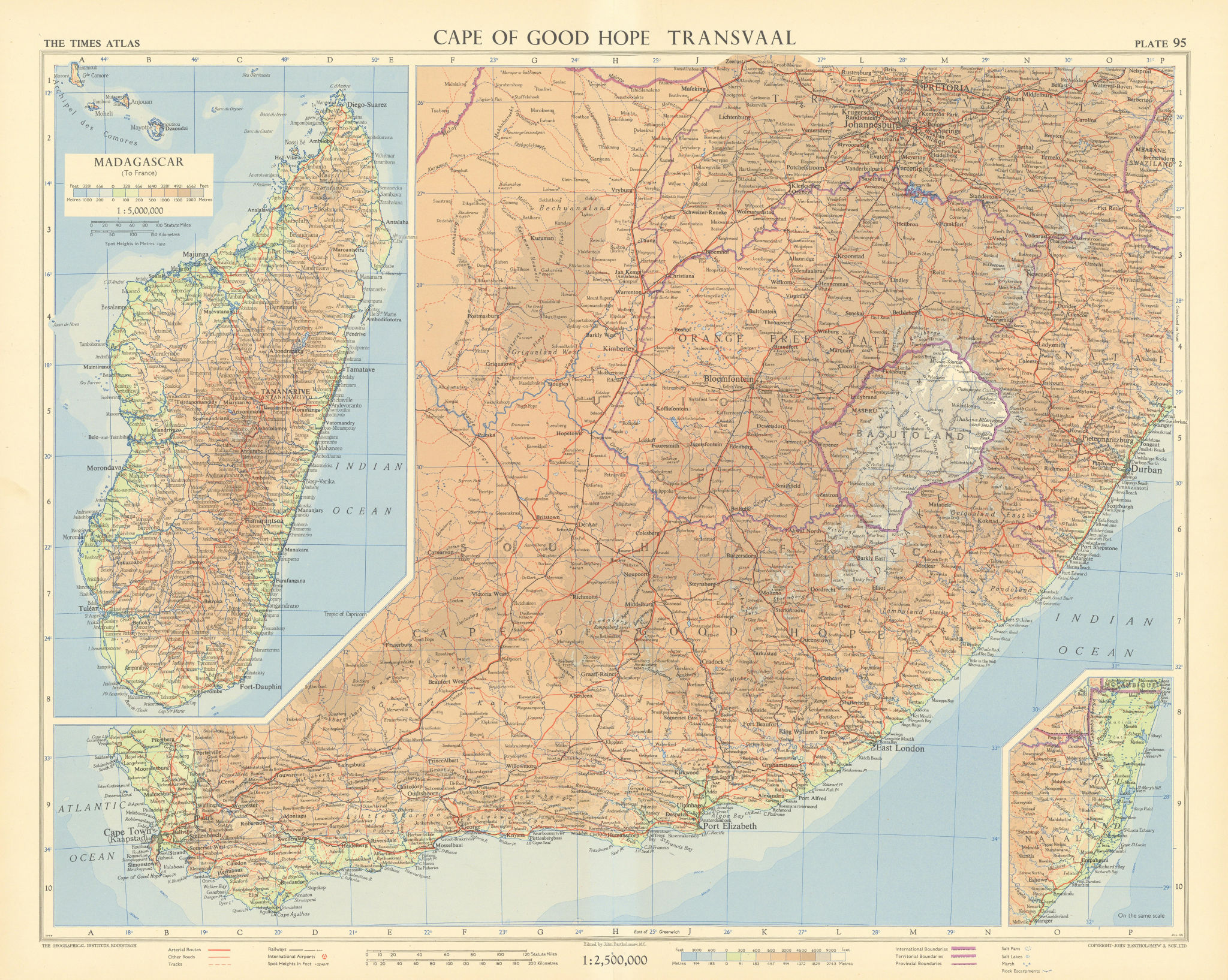 Associate Product Cape of Good Hope & Transvaal. Madagascar. South Africa. TIMES 1956 old map
