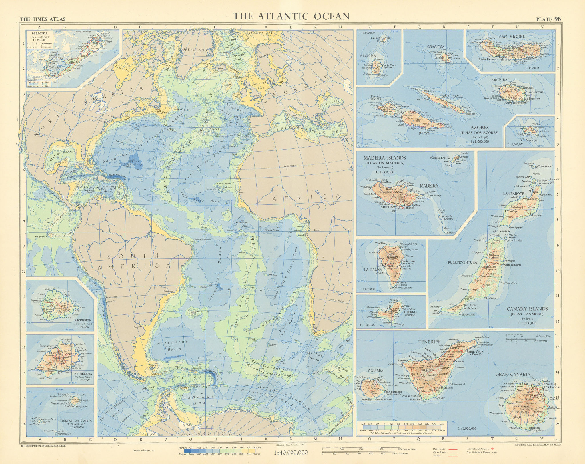 Atlantic Ocean islands. Canary Azores Madeira Bermuda Ascension. TIMES 1956 map