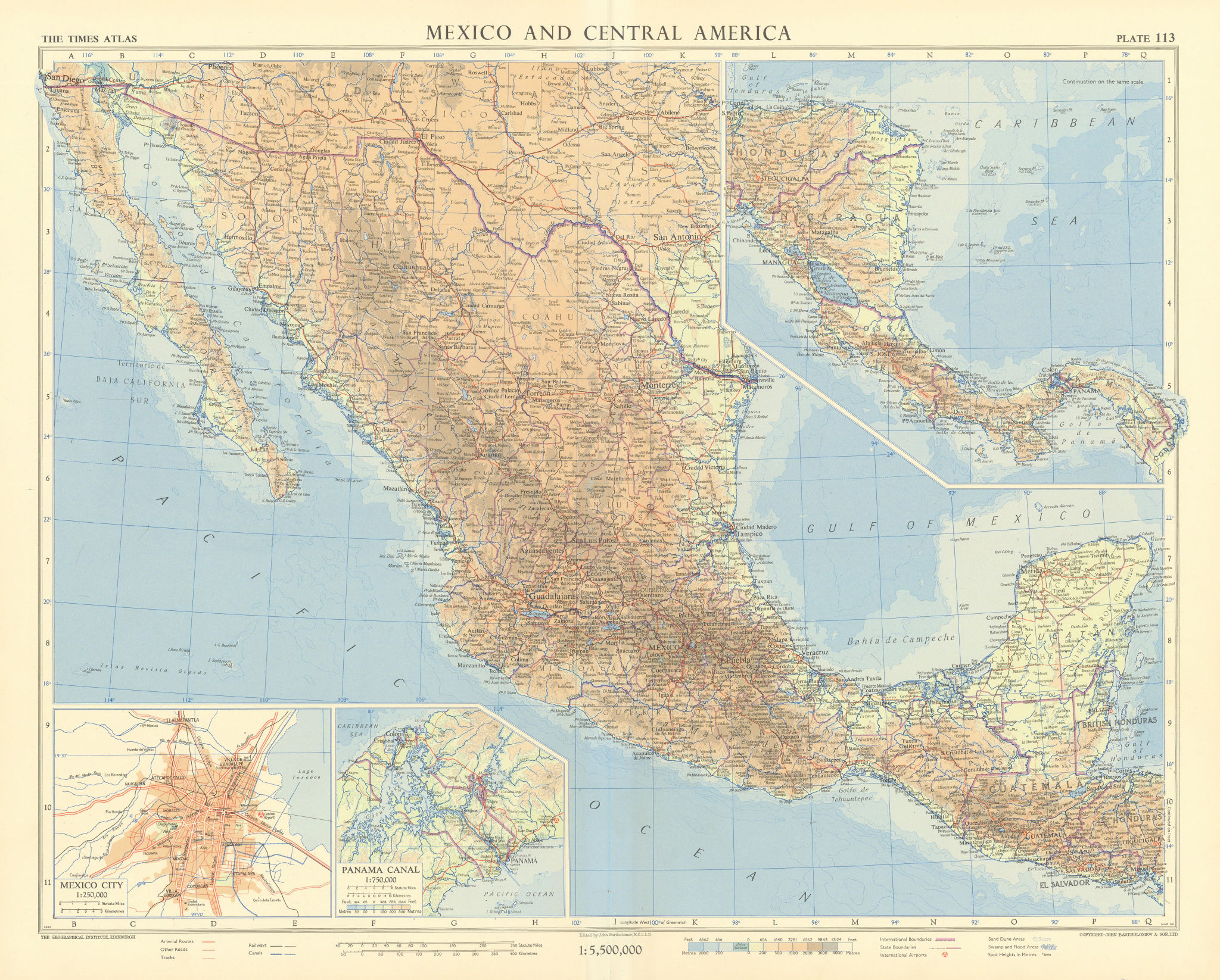 Mexico and Central America. Mexico City. Panama Canal. TIMES 1957 old map