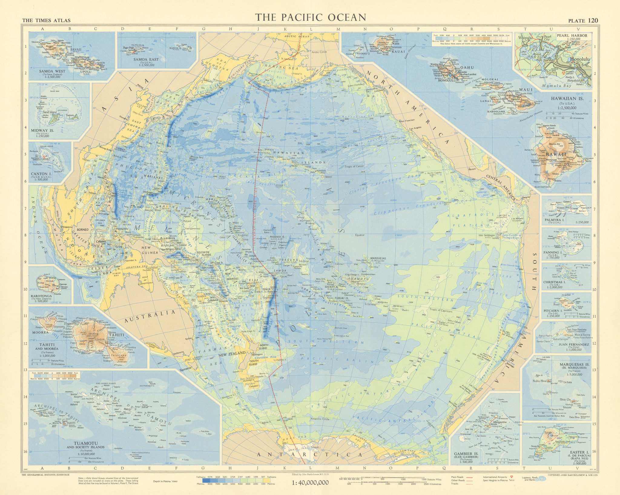 Pacific Ocean & islands. Hawaii Polynesia Tahiti. TIMES 1957 old vintage map