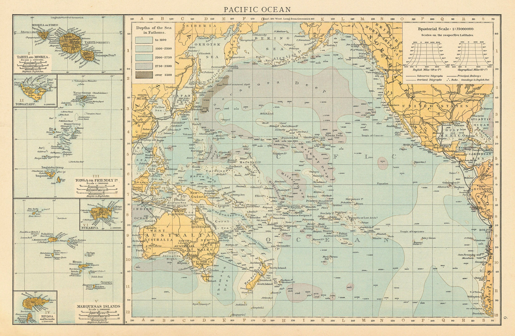Pacific Ocean depths & telegraph cables. Marquesas Tahiti Tonga. TIMES 1895 map