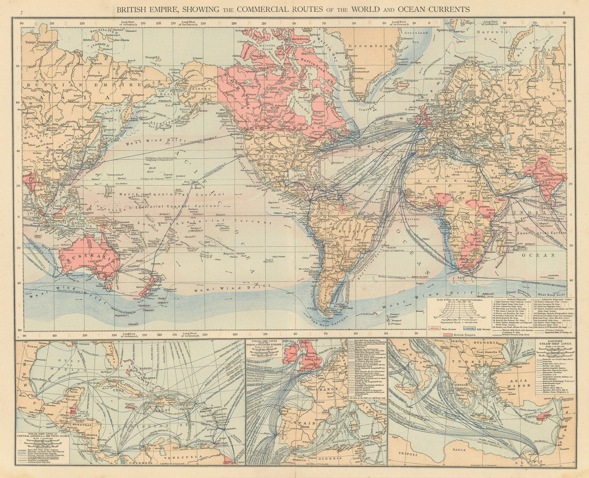 British Empire. Steam ship lines. Ocean currents. World. THE TIMES 1895 map