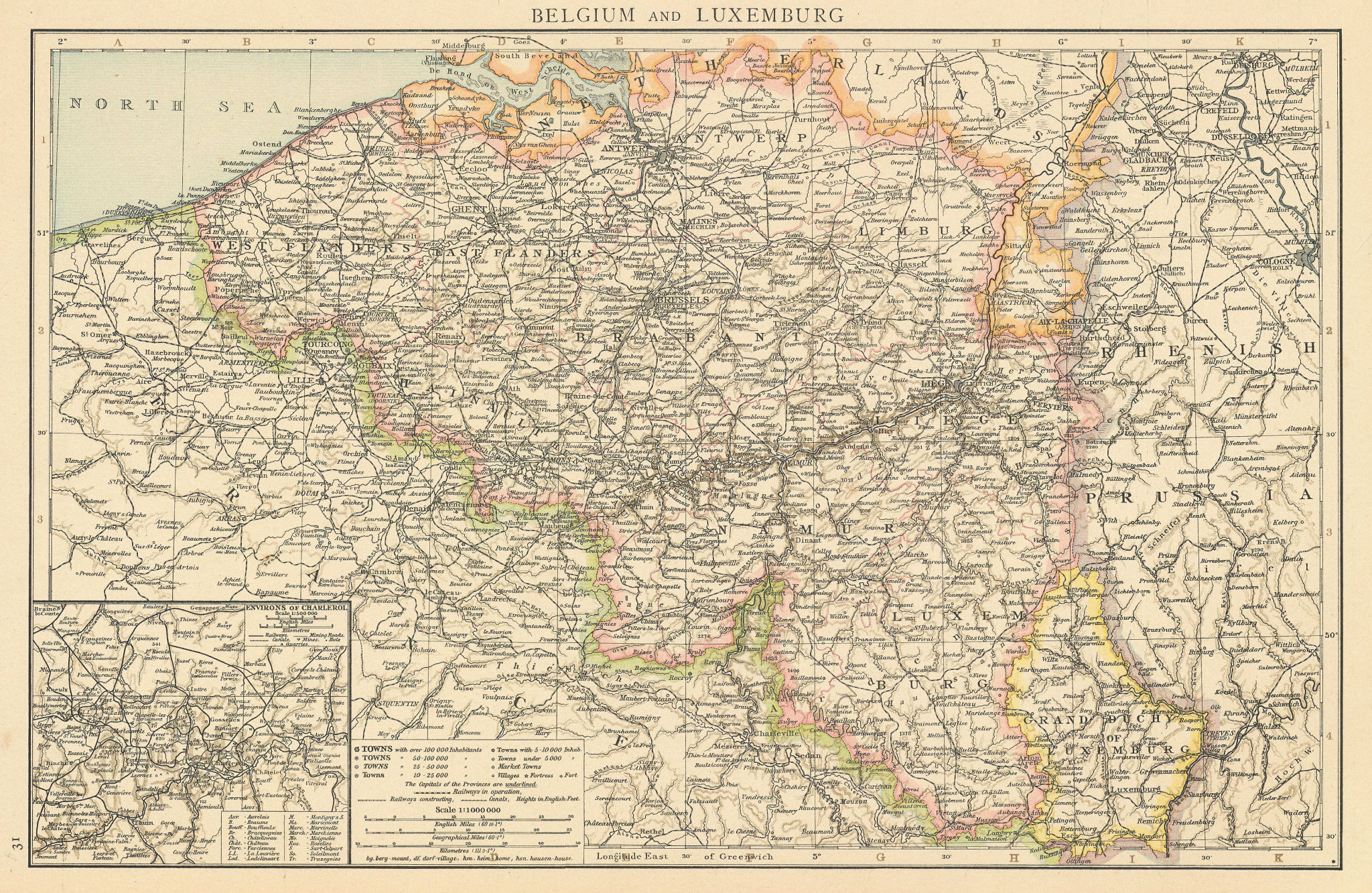 Associate Product Belgium and Luxemburg. Environs of Charleroi. THE TIMES 1895 old antique map
