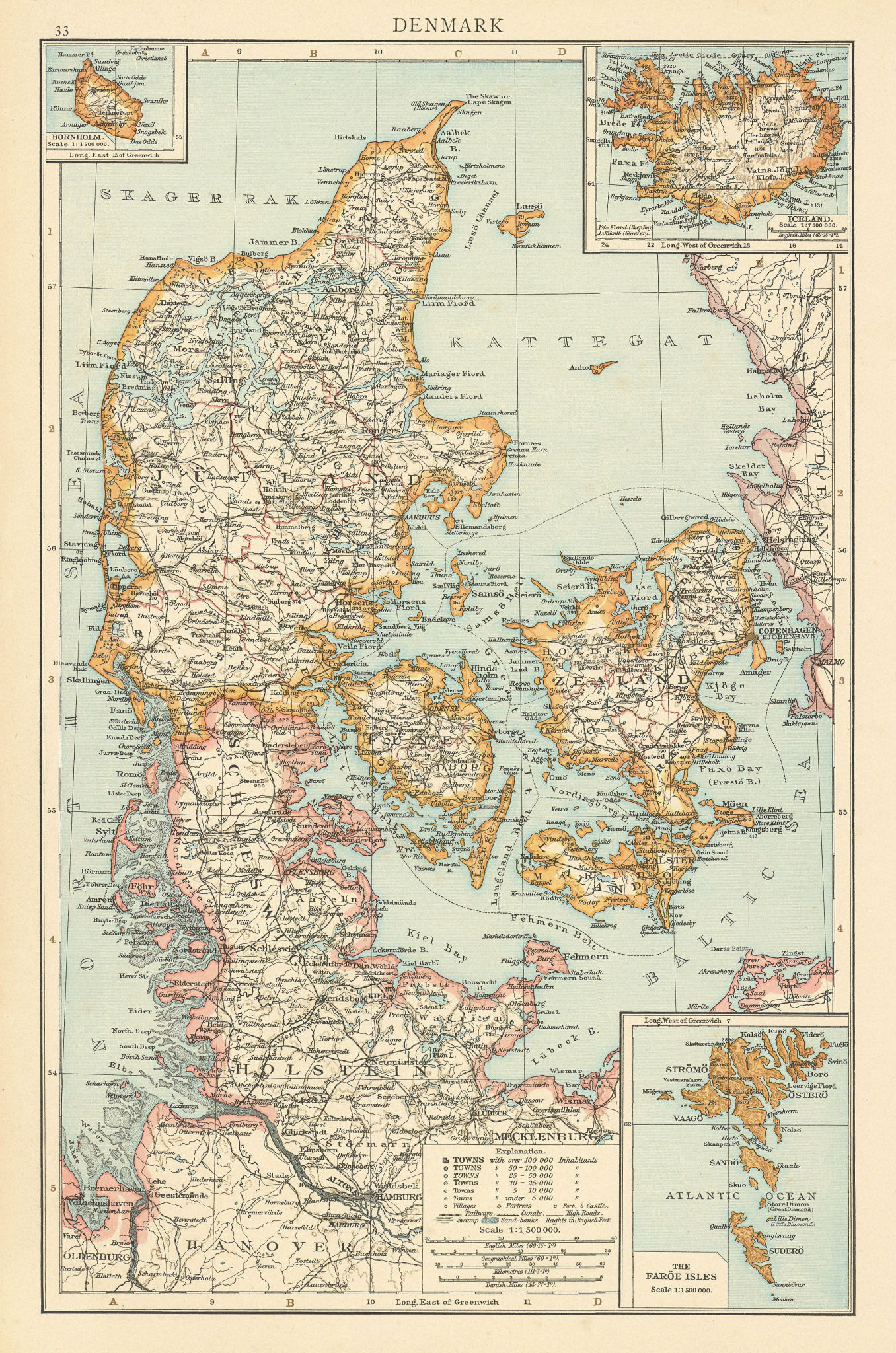 Denmark & Schleswig-Holstein. Faroe islands Iceland Bornholm. THE TIMES 1895 map