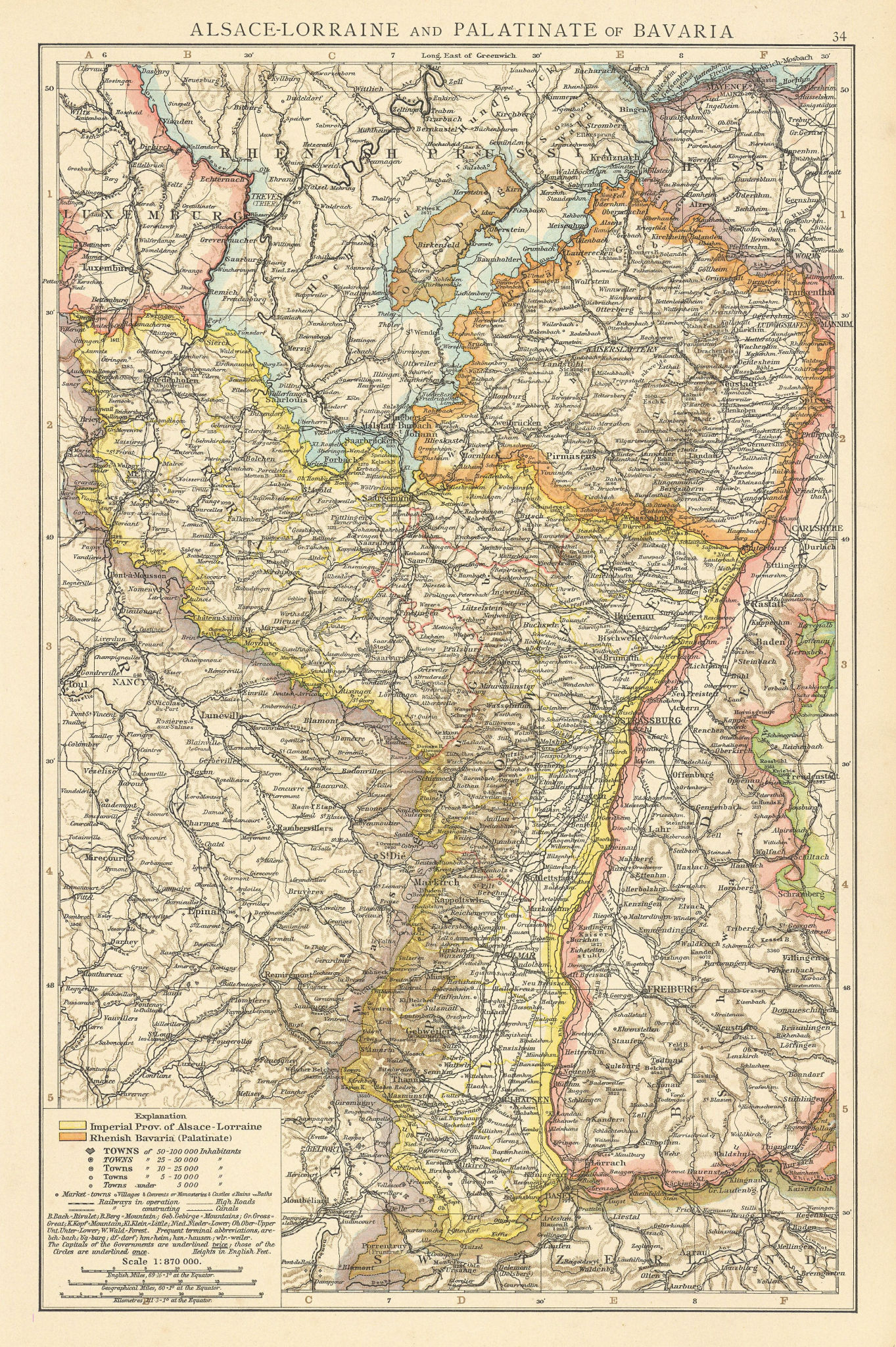 Associate Product Rhine valley. Alsace-Lorraine & Palatinate of Bavaria. Rhineland. TIMES 1895 map