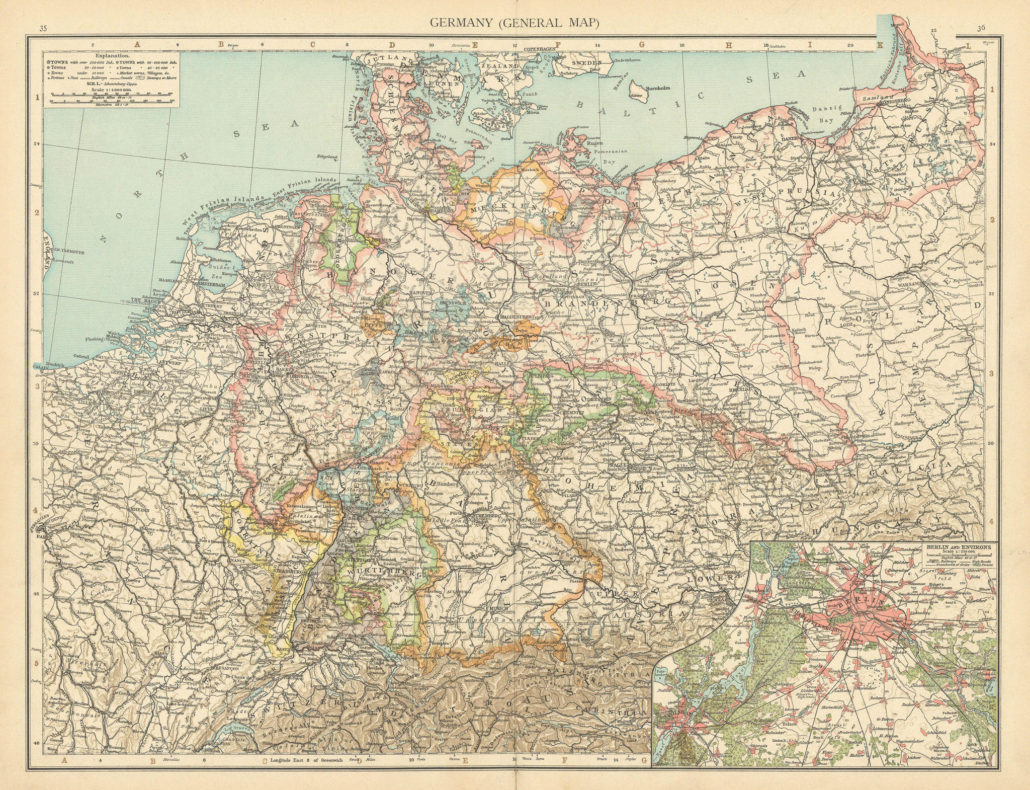 Germany. Poland Prussia. Berlin environs. Benelux. THE TIMES 1895 old map
