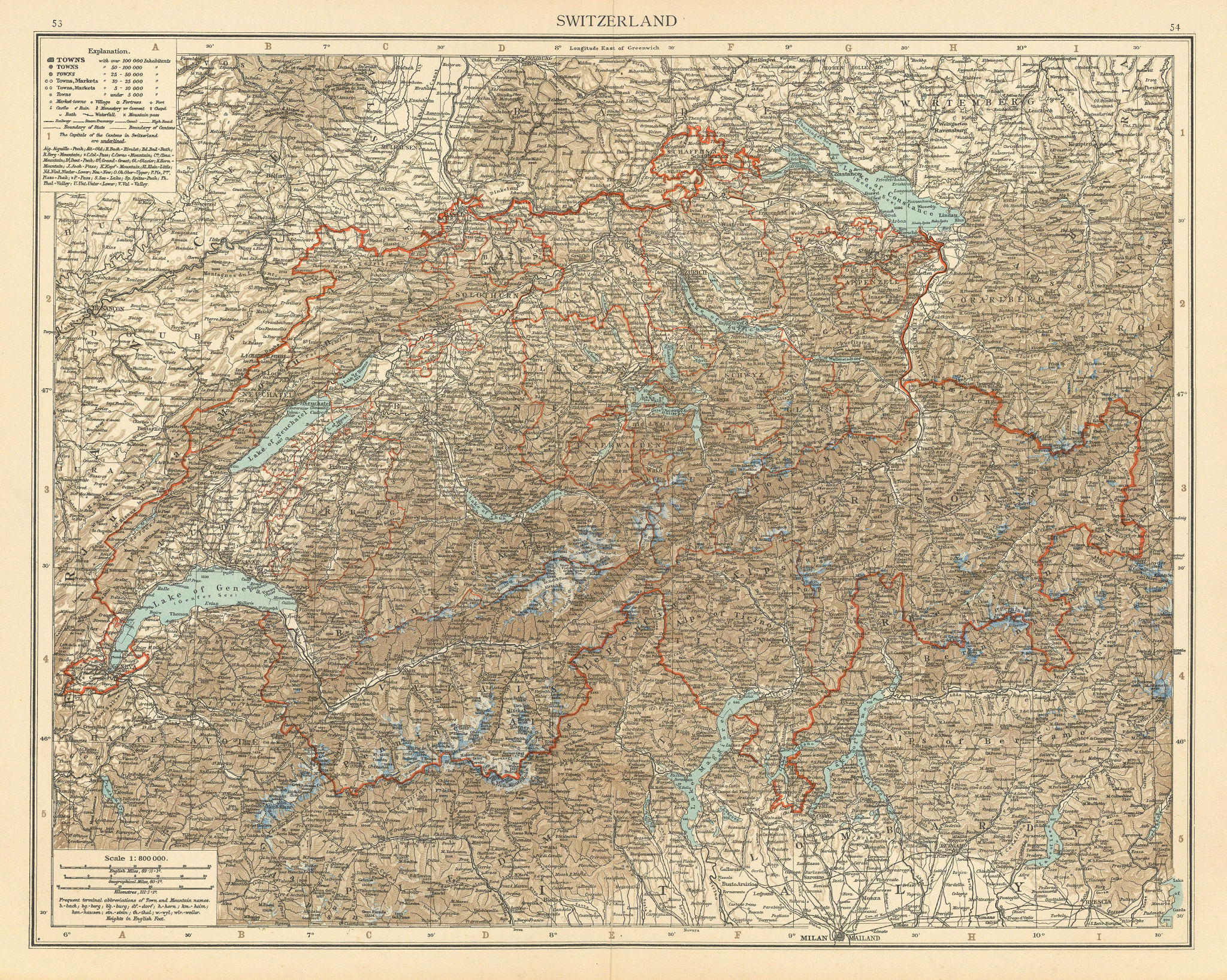 Switzerland & the Western (French, Swiss, Italian) Alps. THE TIMES 1895 map