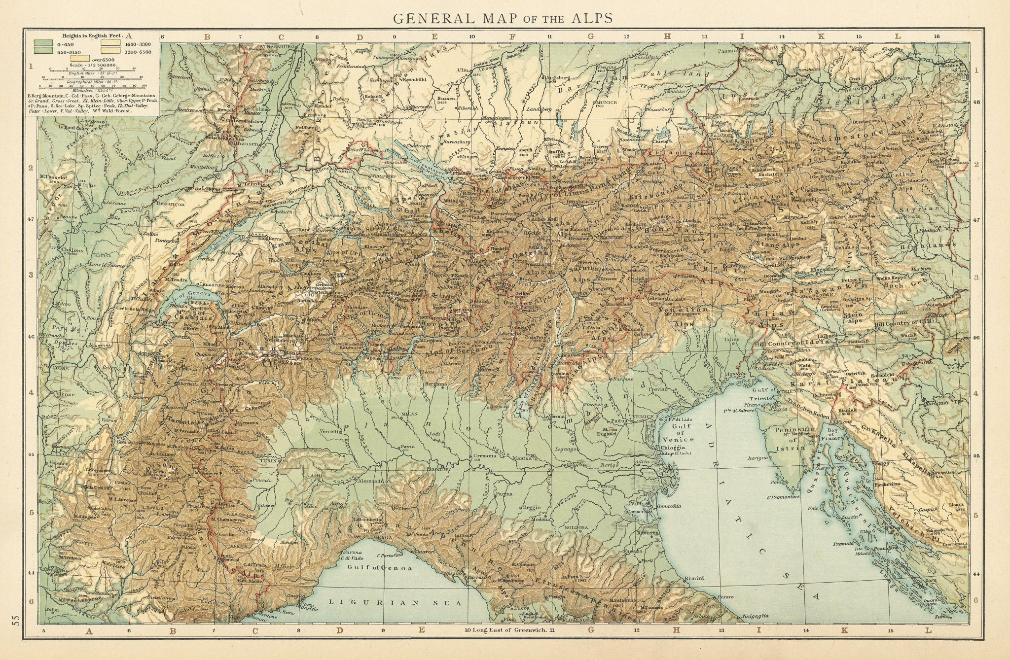 General map of the Alps, showing the alpine ranges. THE TIMES 1895 old