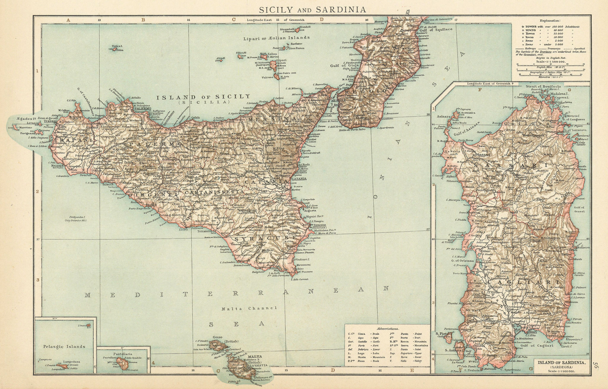 Associate Product Sicily and Sardinia. Italian islands. THE TIMES 1895 old antique map chart