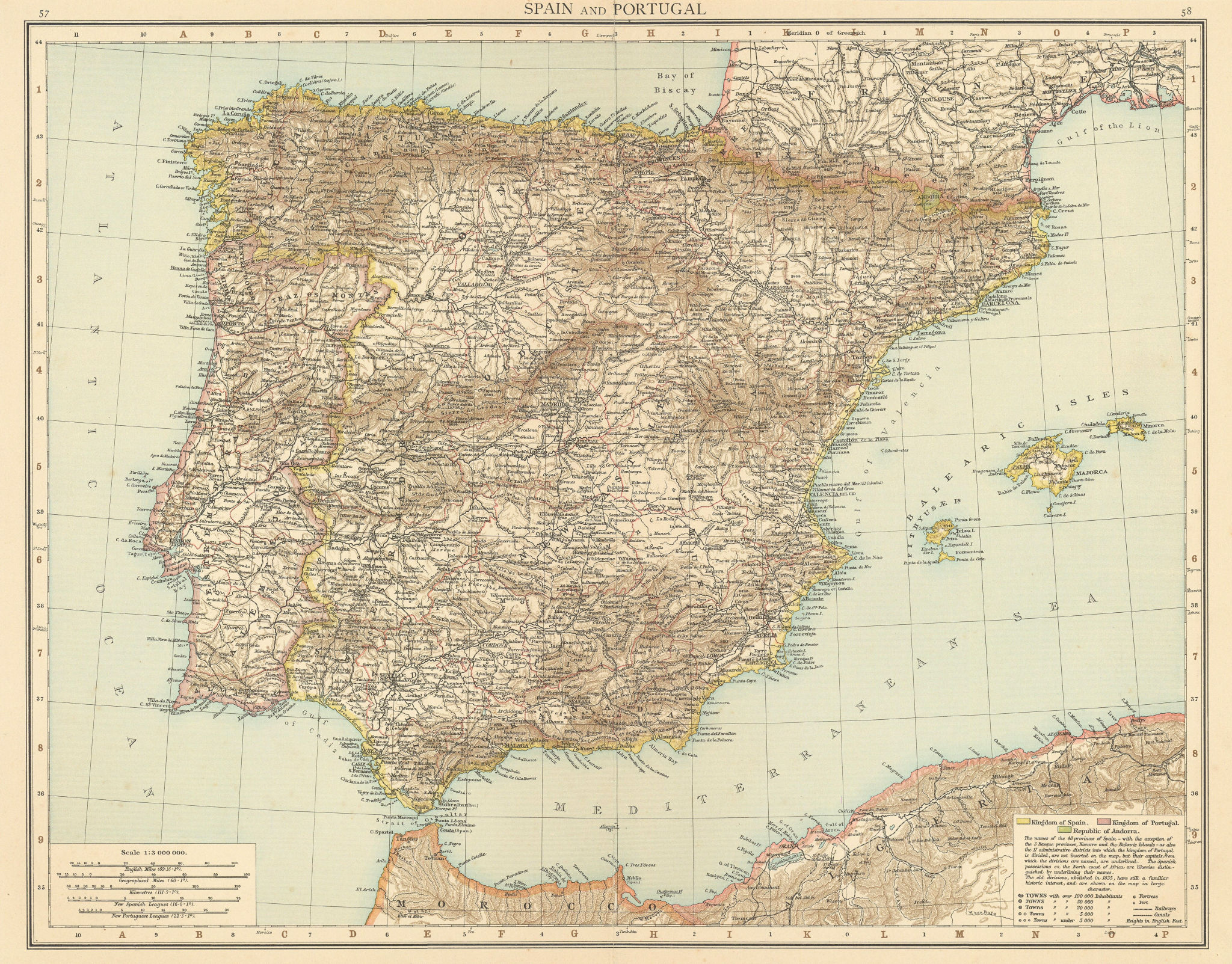 Spain & Portugal. Iberia. TIMES 1895 old antique vintage map plan chart