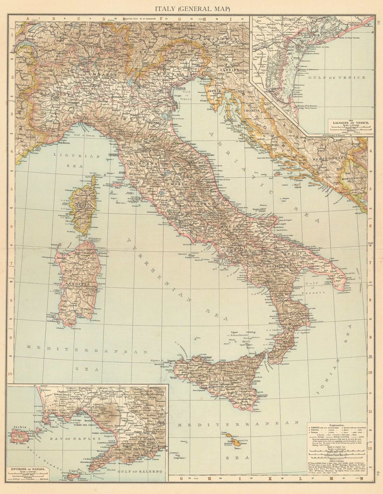 Associate Product Italy (general map). Lagoons of Venice. Environs of Naples. THE TIMES 1895