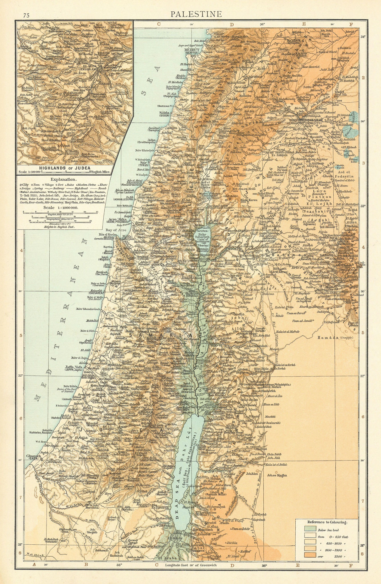 Palestine. Judea highlands. Ancient & Arabic names. Holy land. TIMES 1895 map
