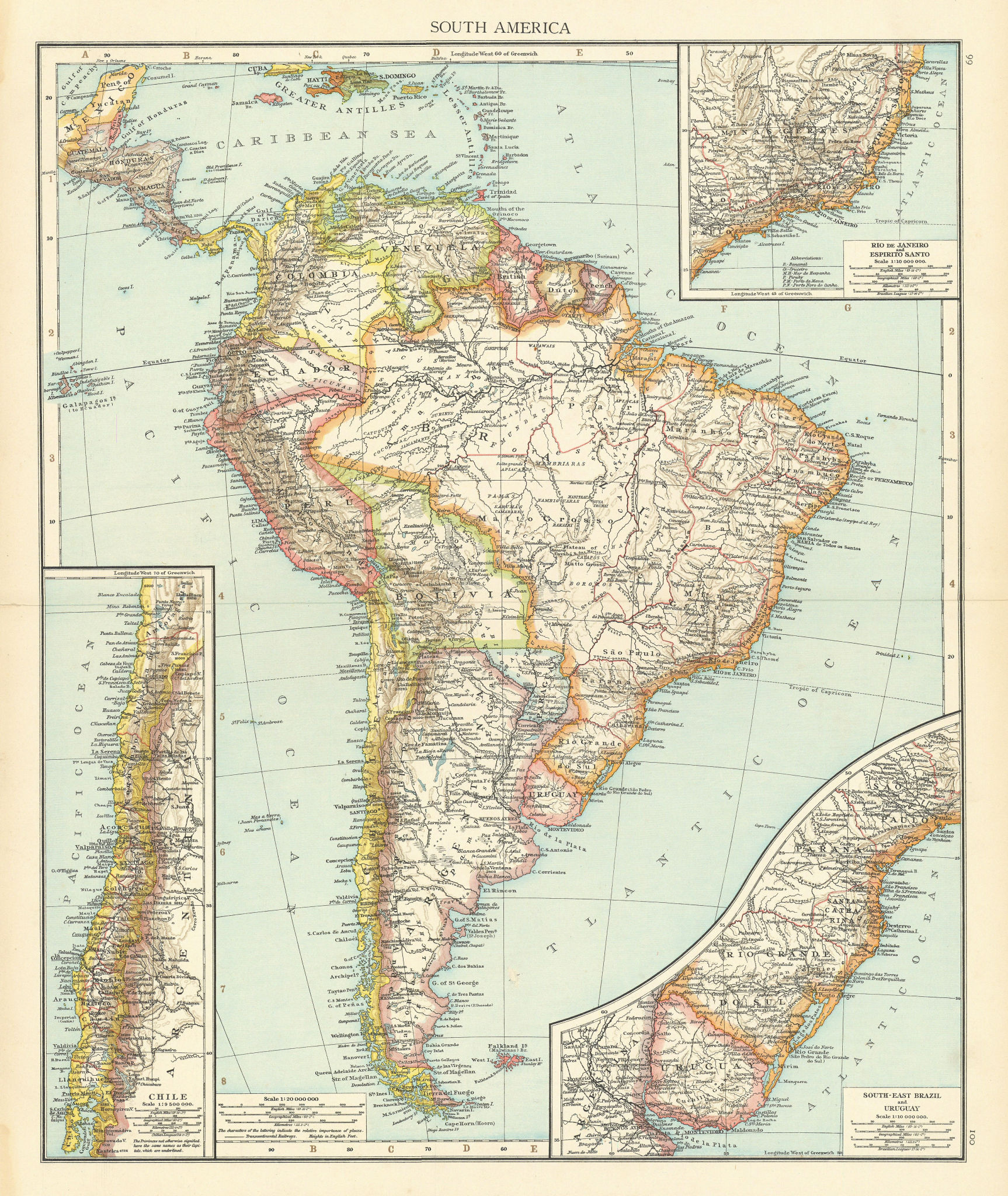 South America. Chile Brazil Uruguay Argentina Peru. THE TIMES 1895 old map