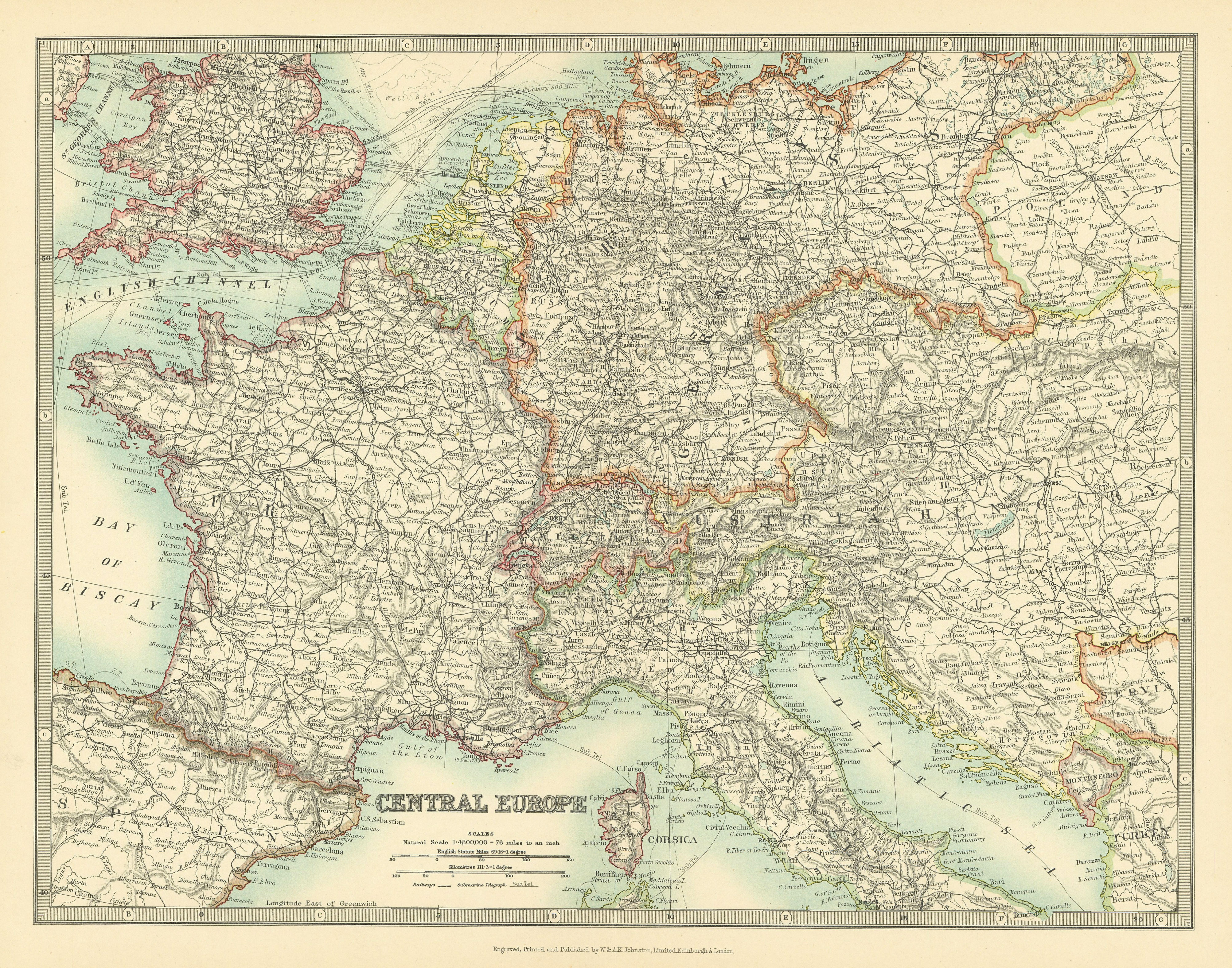 Associate Product CENTRAL EUROPE. France w/o Alsace Lorraine. Austria-Hungary . JOHNSTON 1911 map