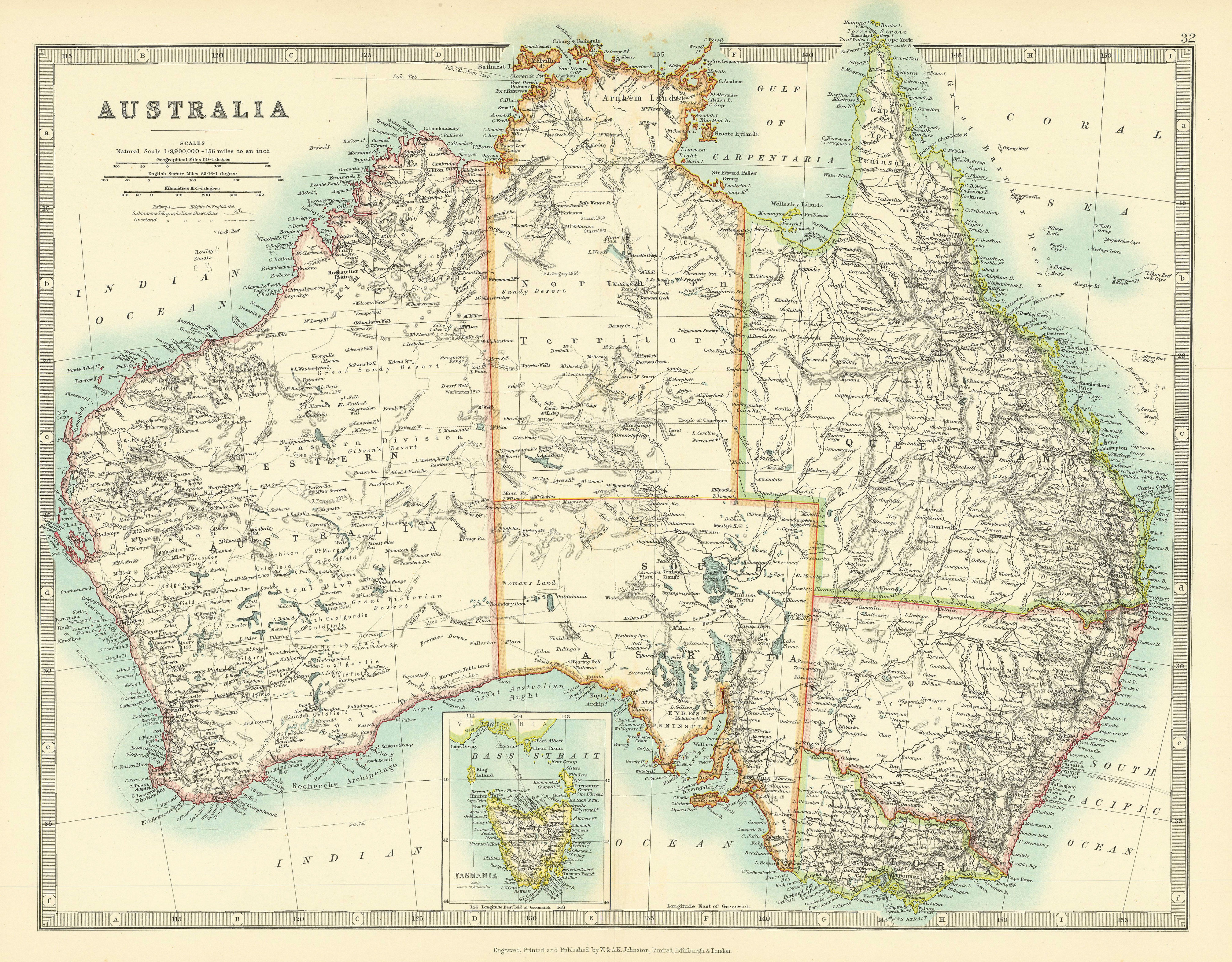 Associate Product AUSTRALIA showing explorers' routes & goldfields. JOHNSTON 1911 map