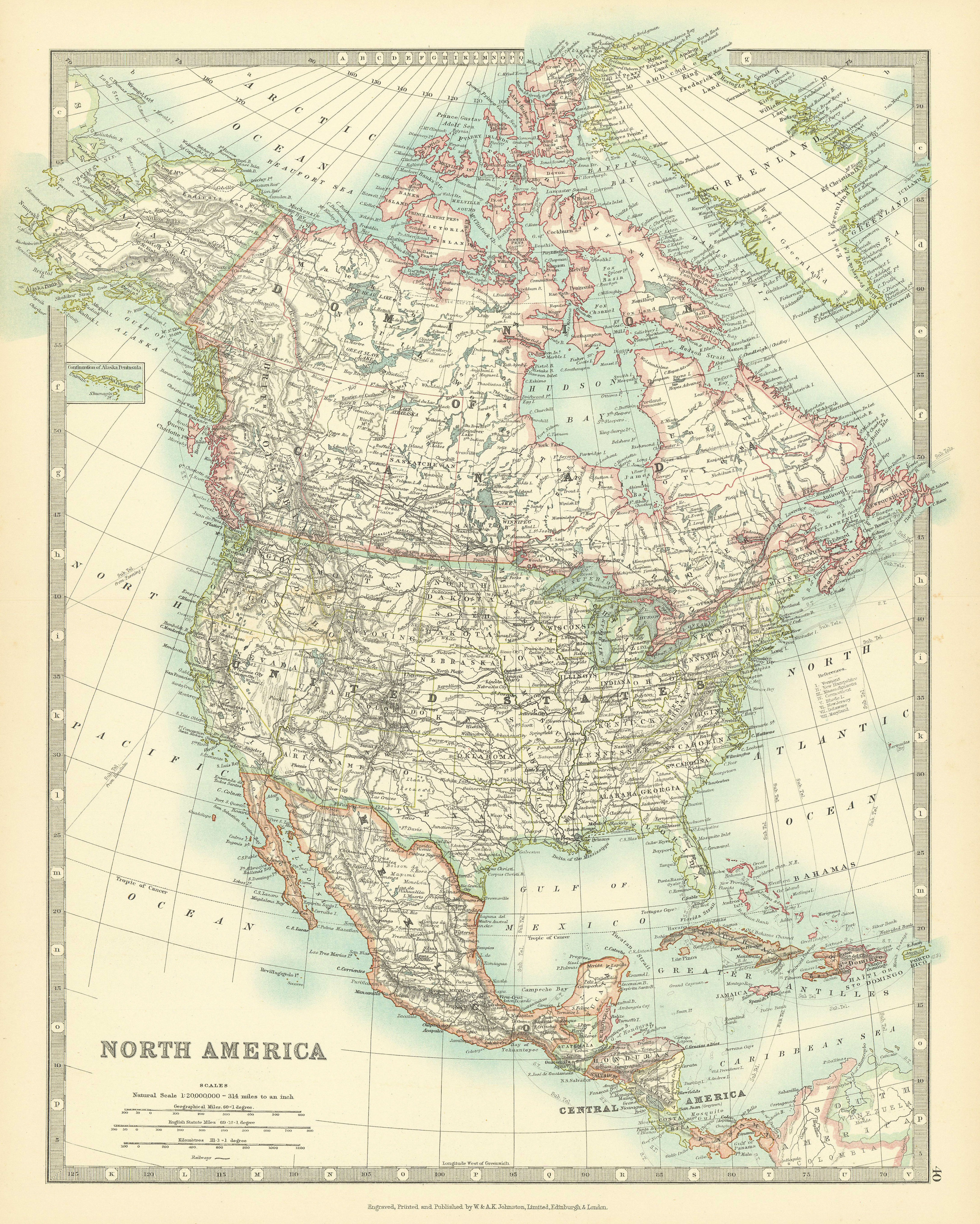 Associate Product NORTH AMERICA. United States Canada Mexico. Railways. JOHNSTON 1911 old map