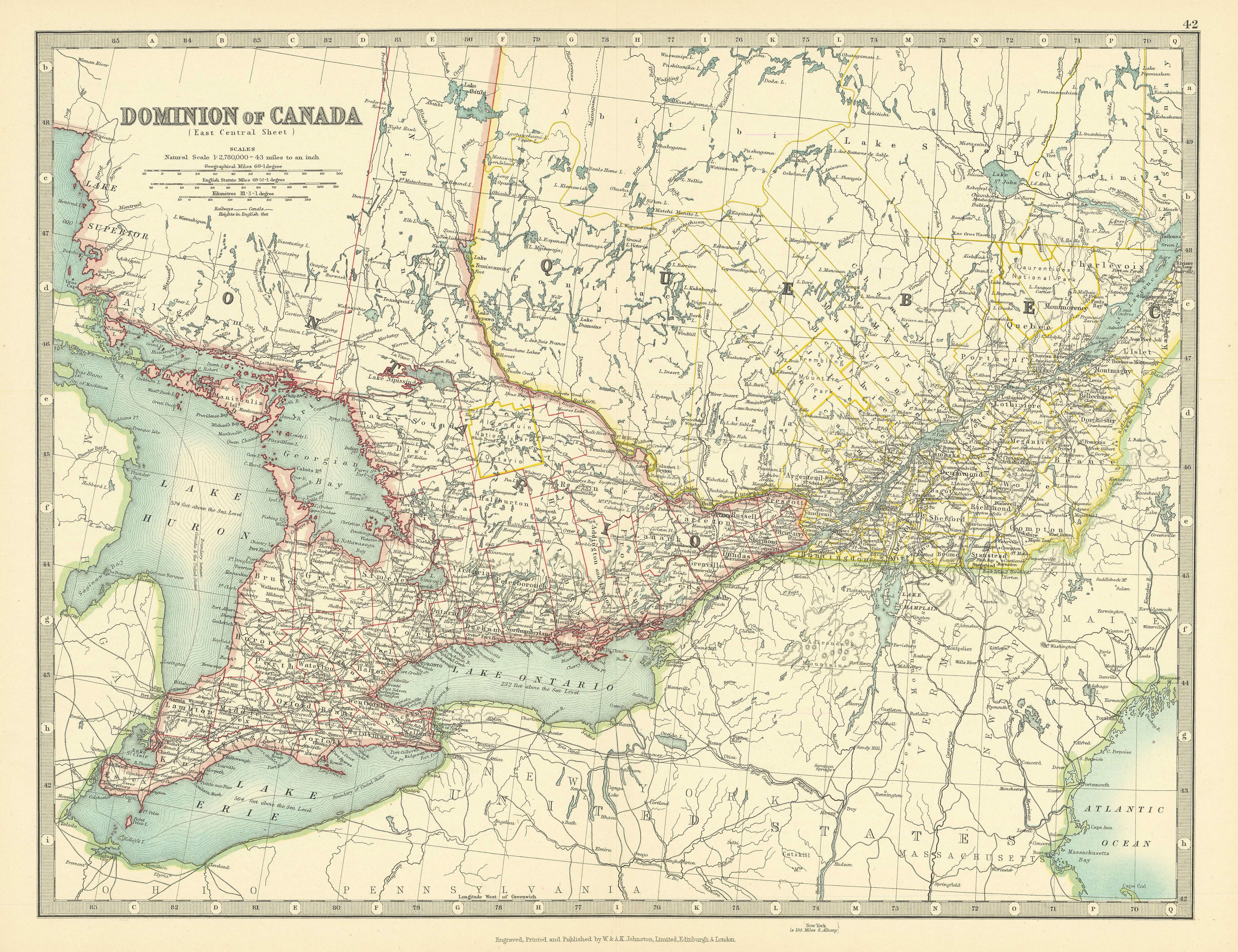 QUEBEC & ONTARIO. Lake Huron Lake Erie Lake Ontario. Canada. JOHNSTON 1911 map
