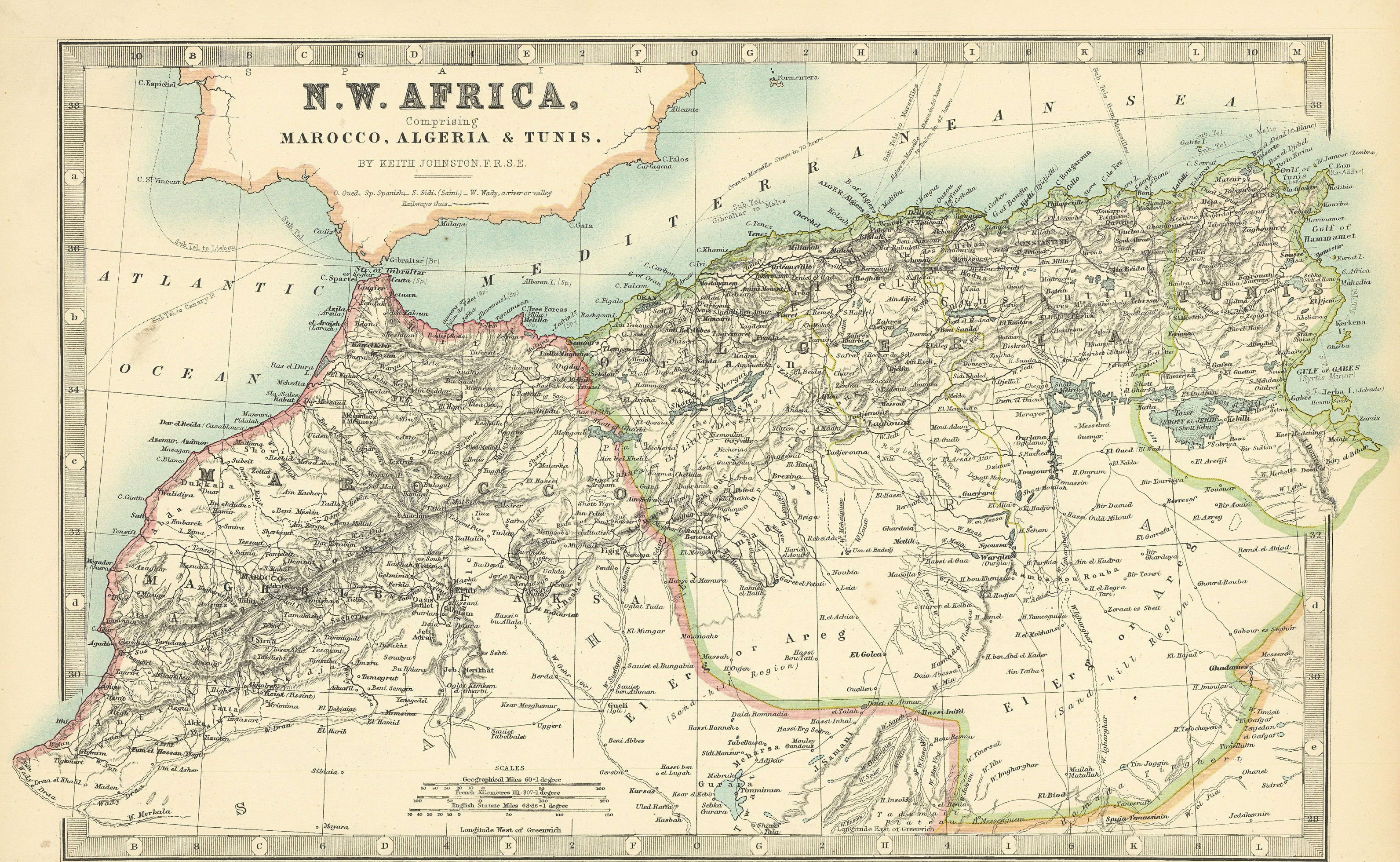 NORTH WEST AFRICA Maghreb Morocco Tunisia Algeria JOHNSTON 1897 old map