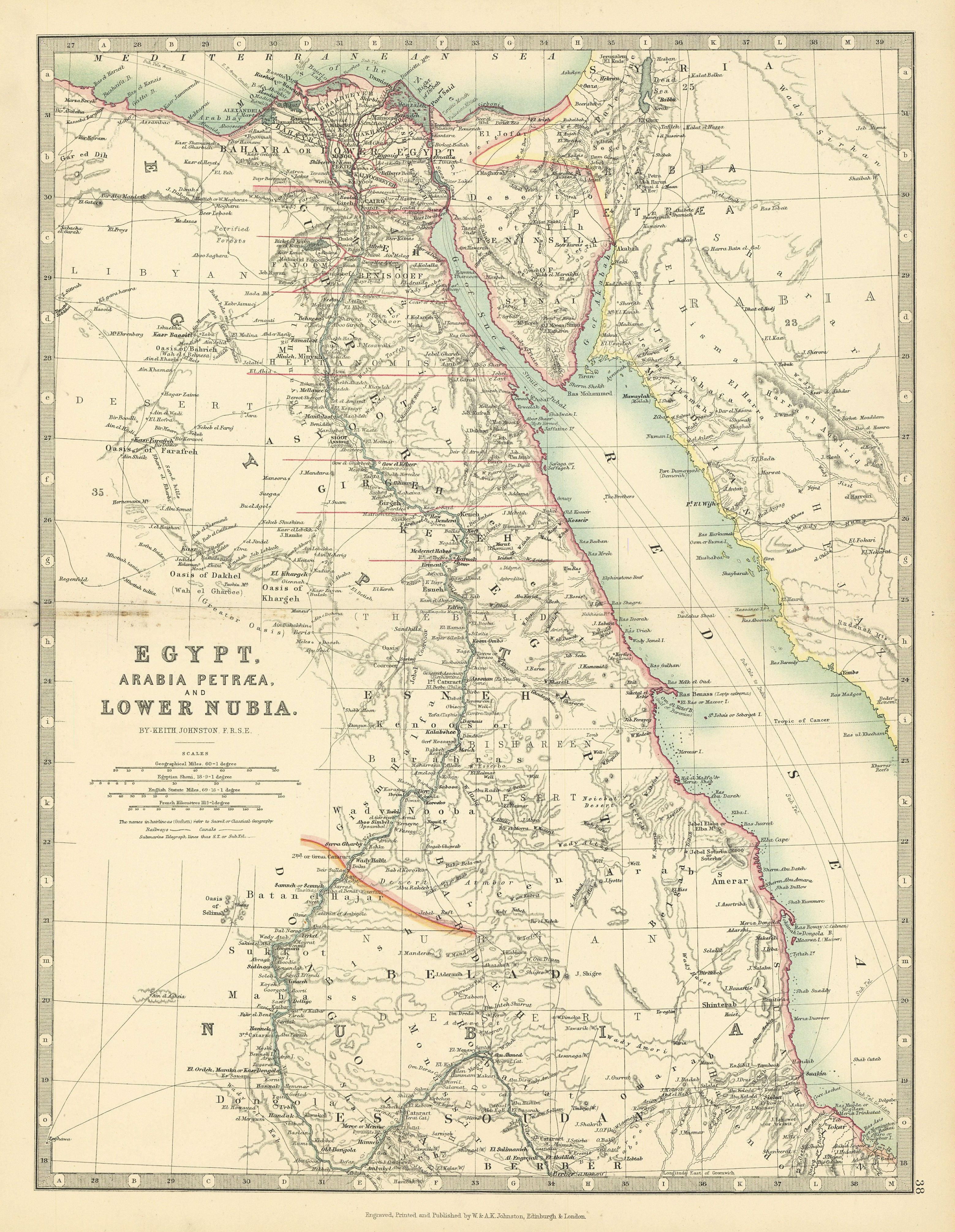 Associate Product NILE VALLEY Egypt, Arabia Petraea and Lower Nubia Divisions JOHNSTON 1897 map