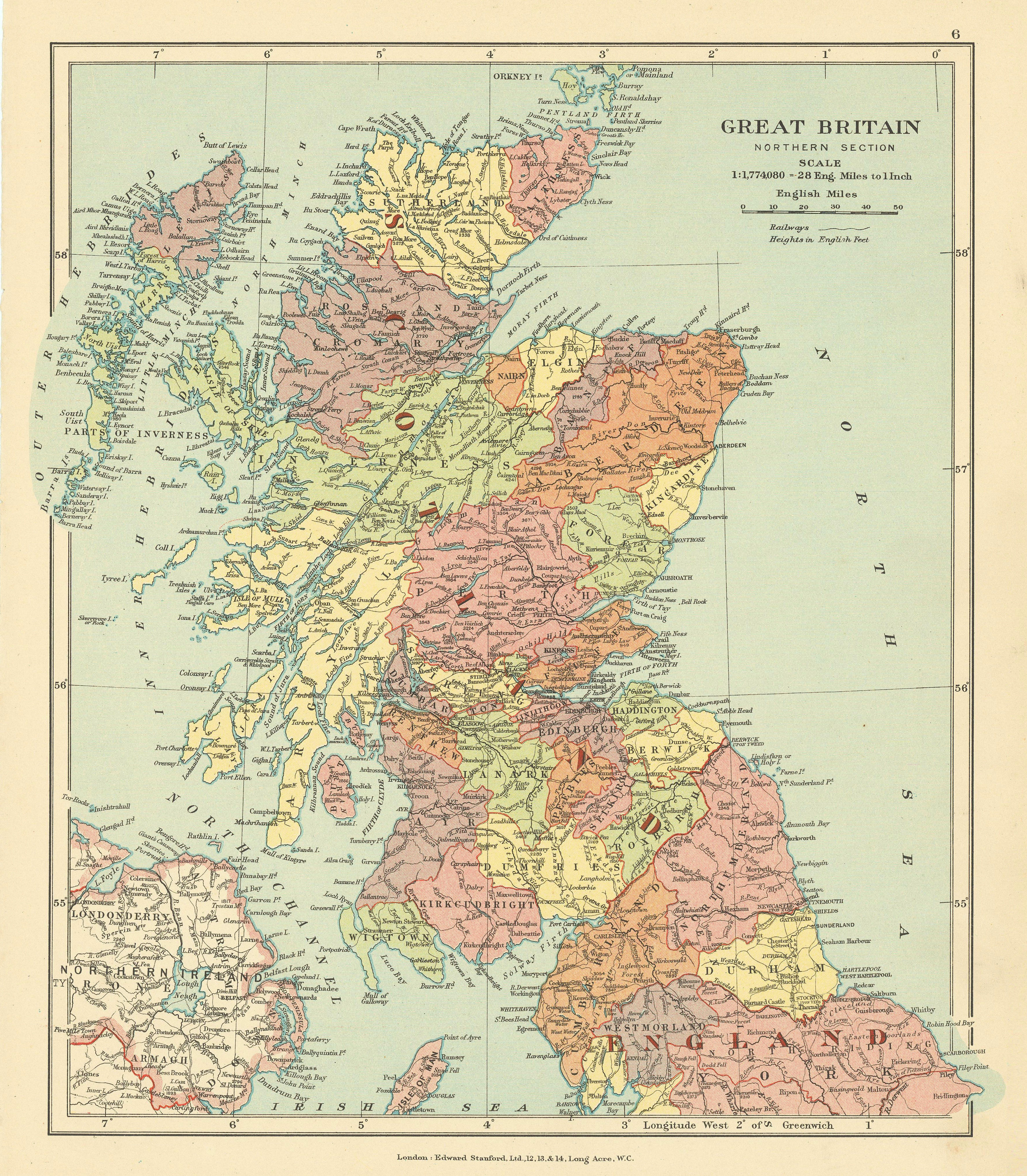 Great Britain, Northern Section. Scotland in counties. STANFORD c1925 old map