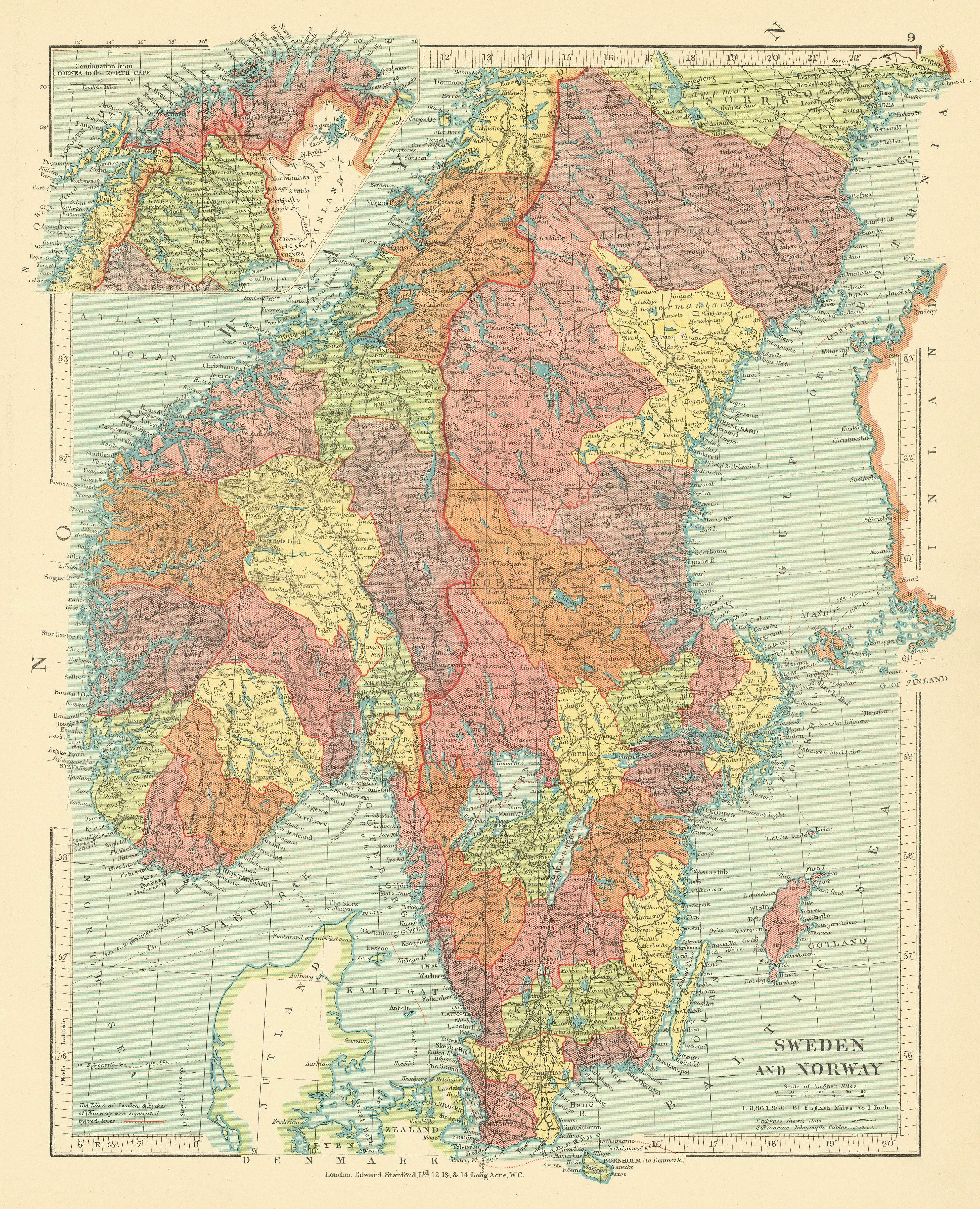 Associate Product Sweden and Norway in fylke / län / counties. Scandinavia. STANFORD c1925 map