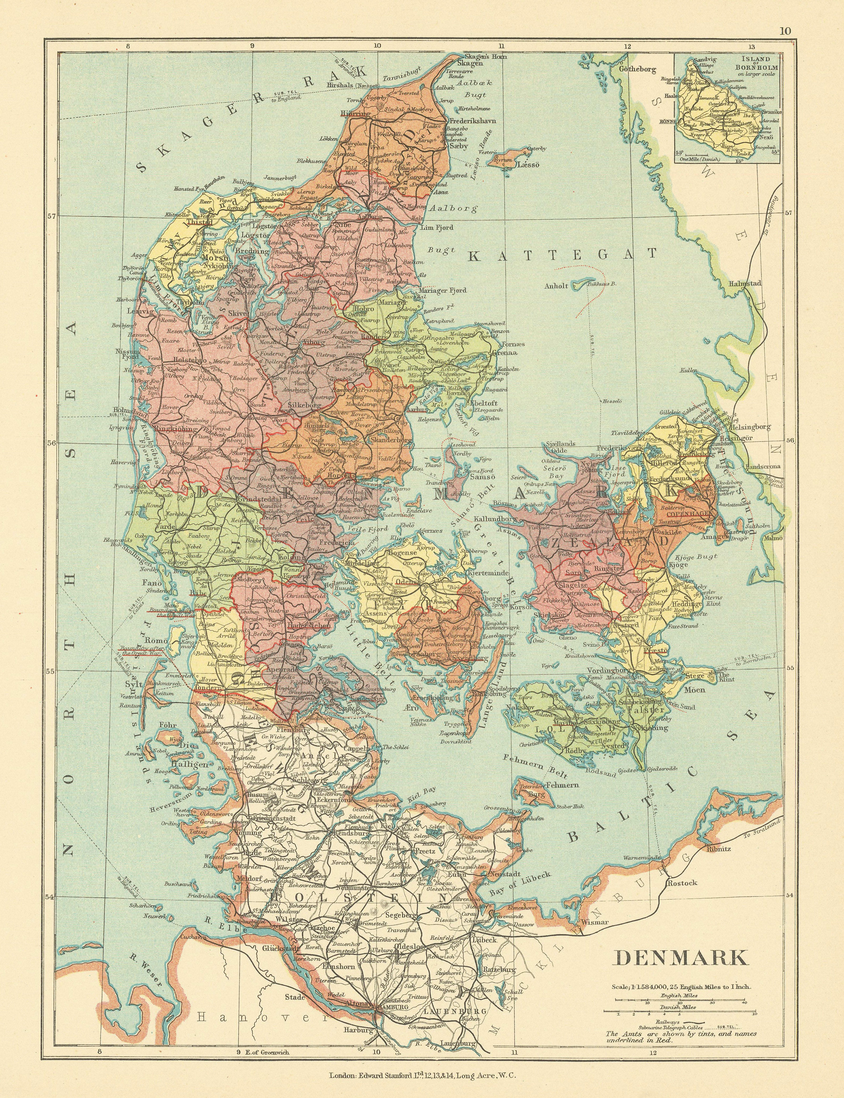 Denmark in counties / amter. Railways. STANFORD c1925 old vintage map chart