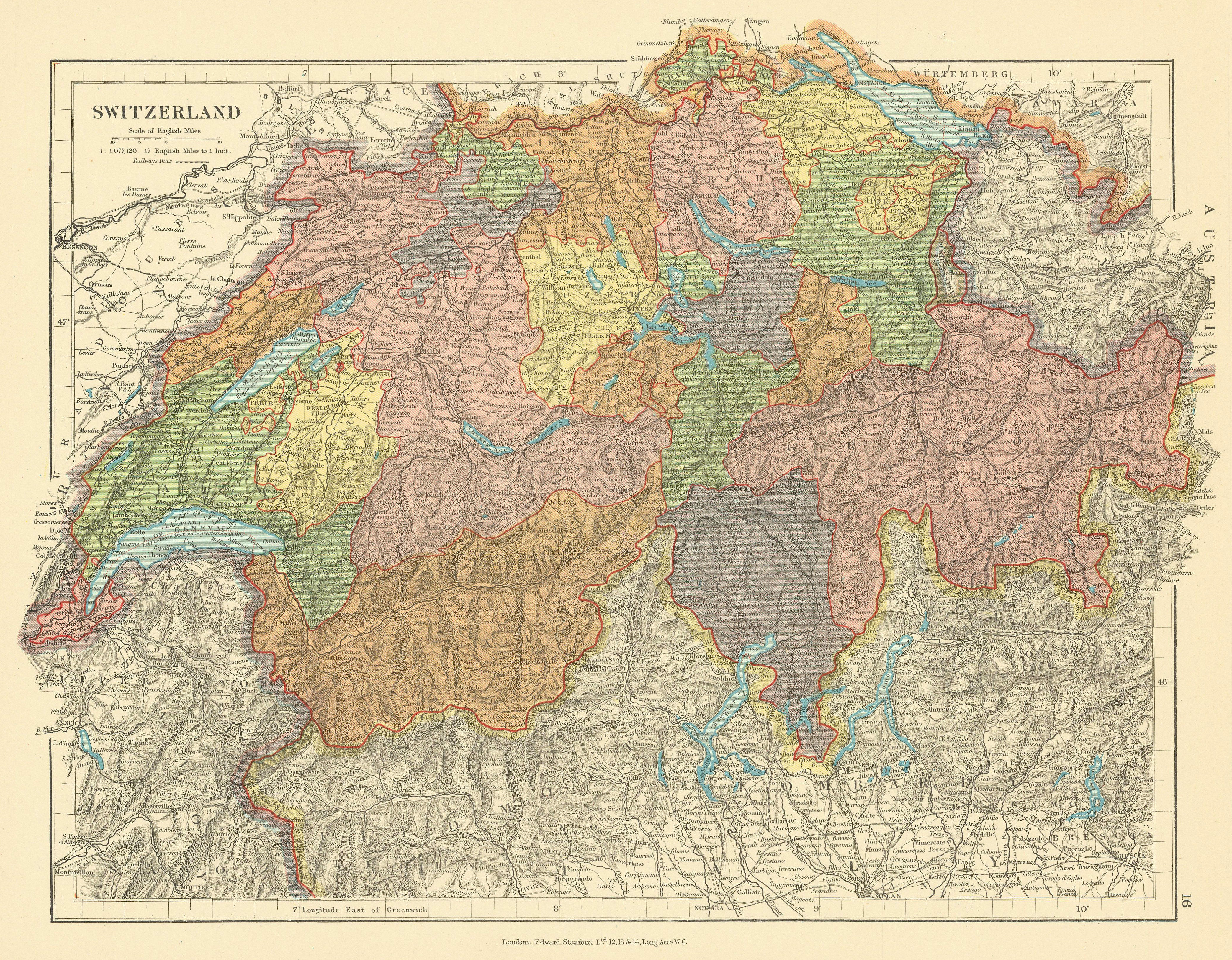 Associate Product Switzerland in cantons. Italian Lakes. STANFORD c1925 old vintage map chart