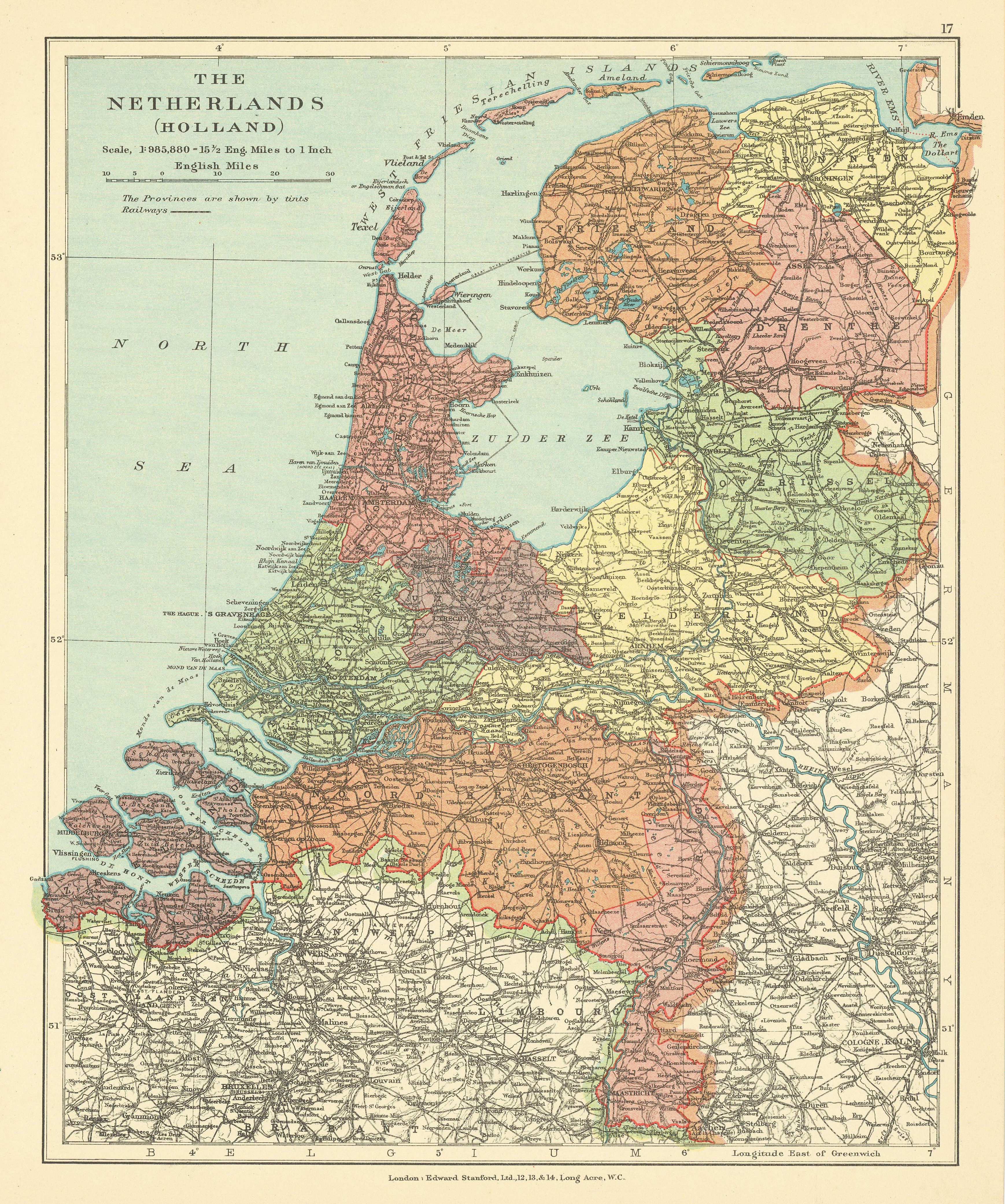 The Netherlands (Holland) in provinces / provincies. STANFORD c1925 old map