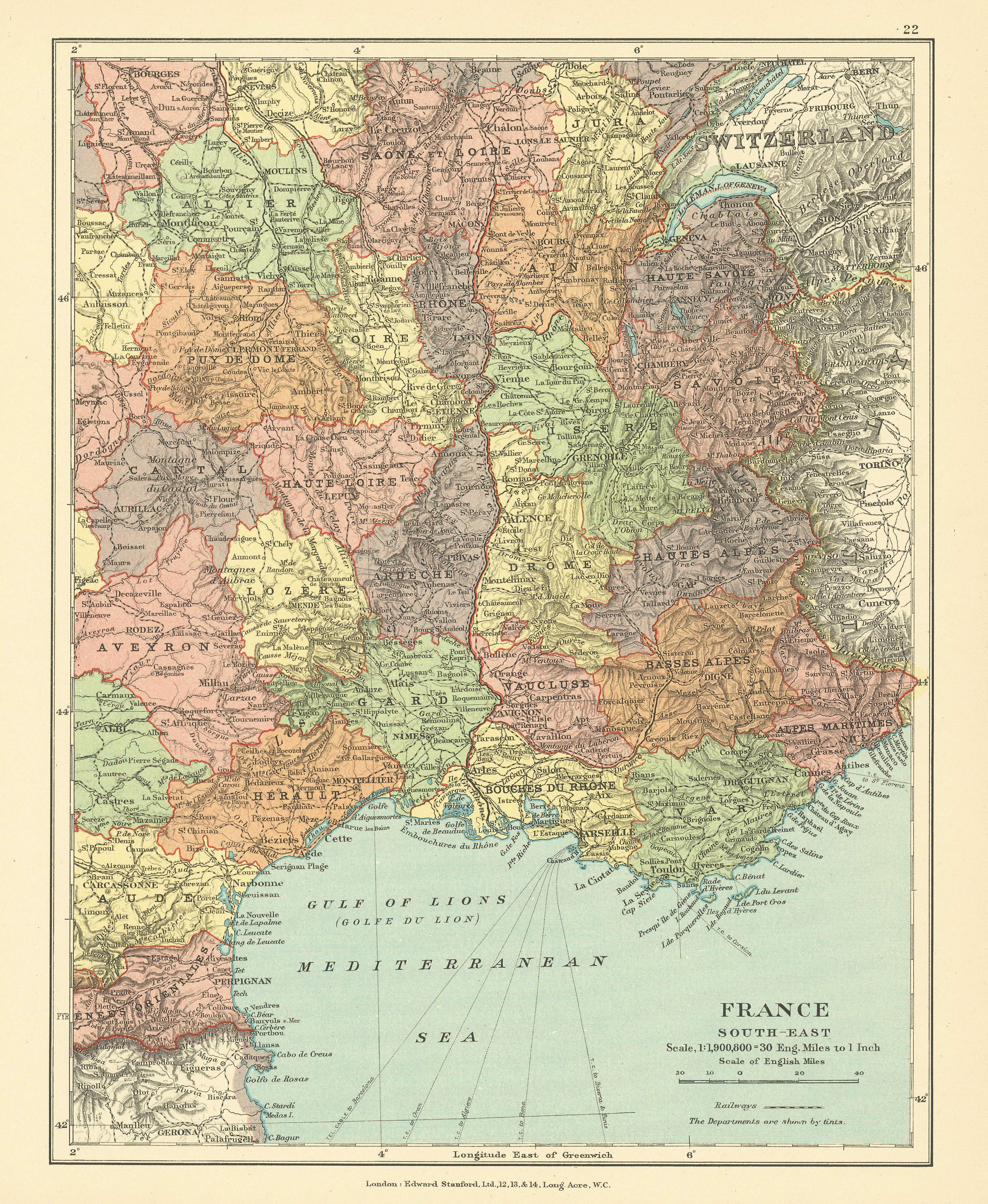 Associate Product France South-East. Languedoc Rhone Provence Alpes Auvergne. STANFORD c1925 map