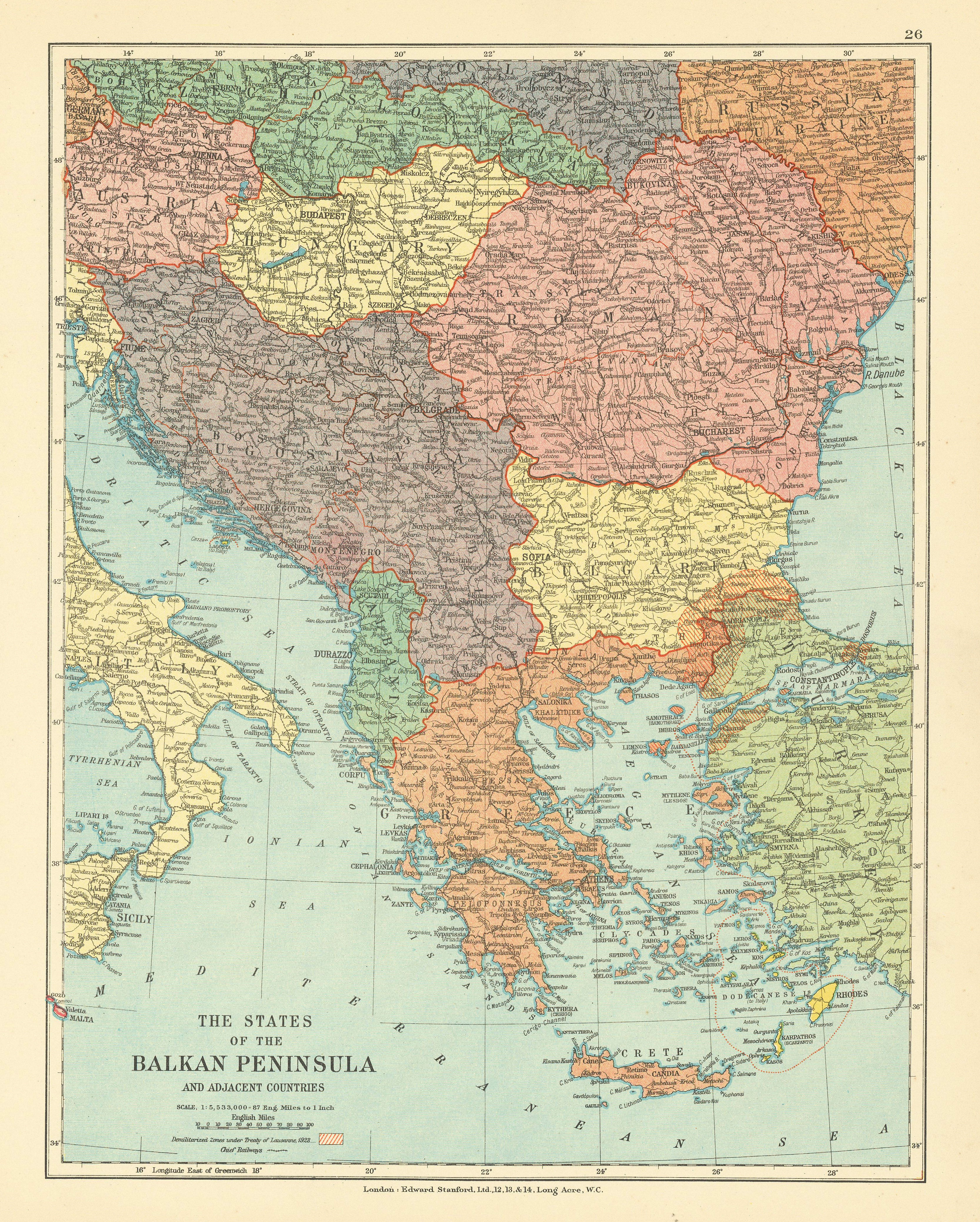 Associate Product Balkans. 1923 Treaty of Lausanne DMZ & Italian Dodecanese. STANFORD c1925 map