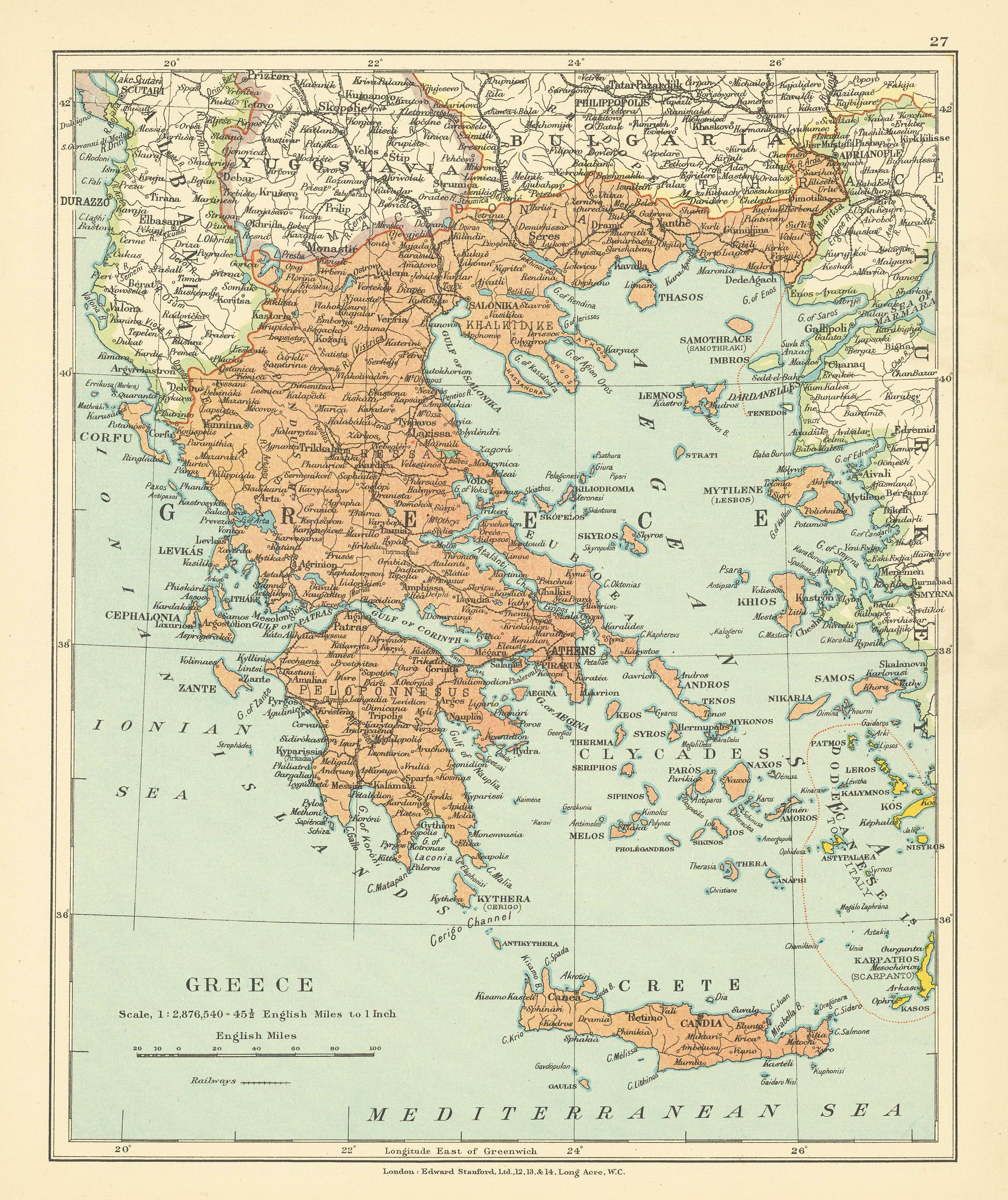 Greece & Aegean. Italian Dodecanese. Isole italiane dell'Egeo STANFORD c1925 map