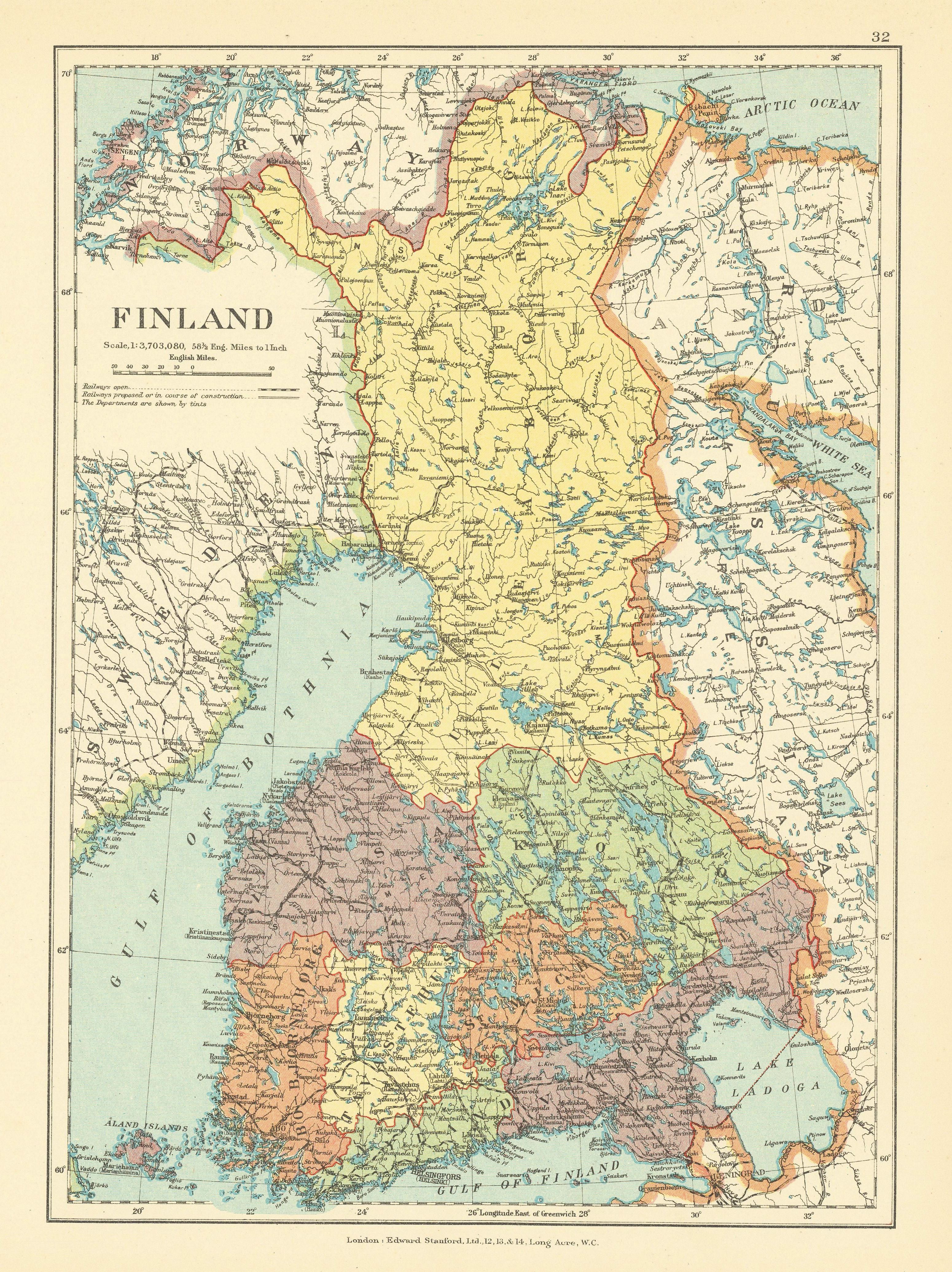 Finland. Pre WW2 borders with Russia. Gulf of Bothnia. STANFORD c1925 old map
