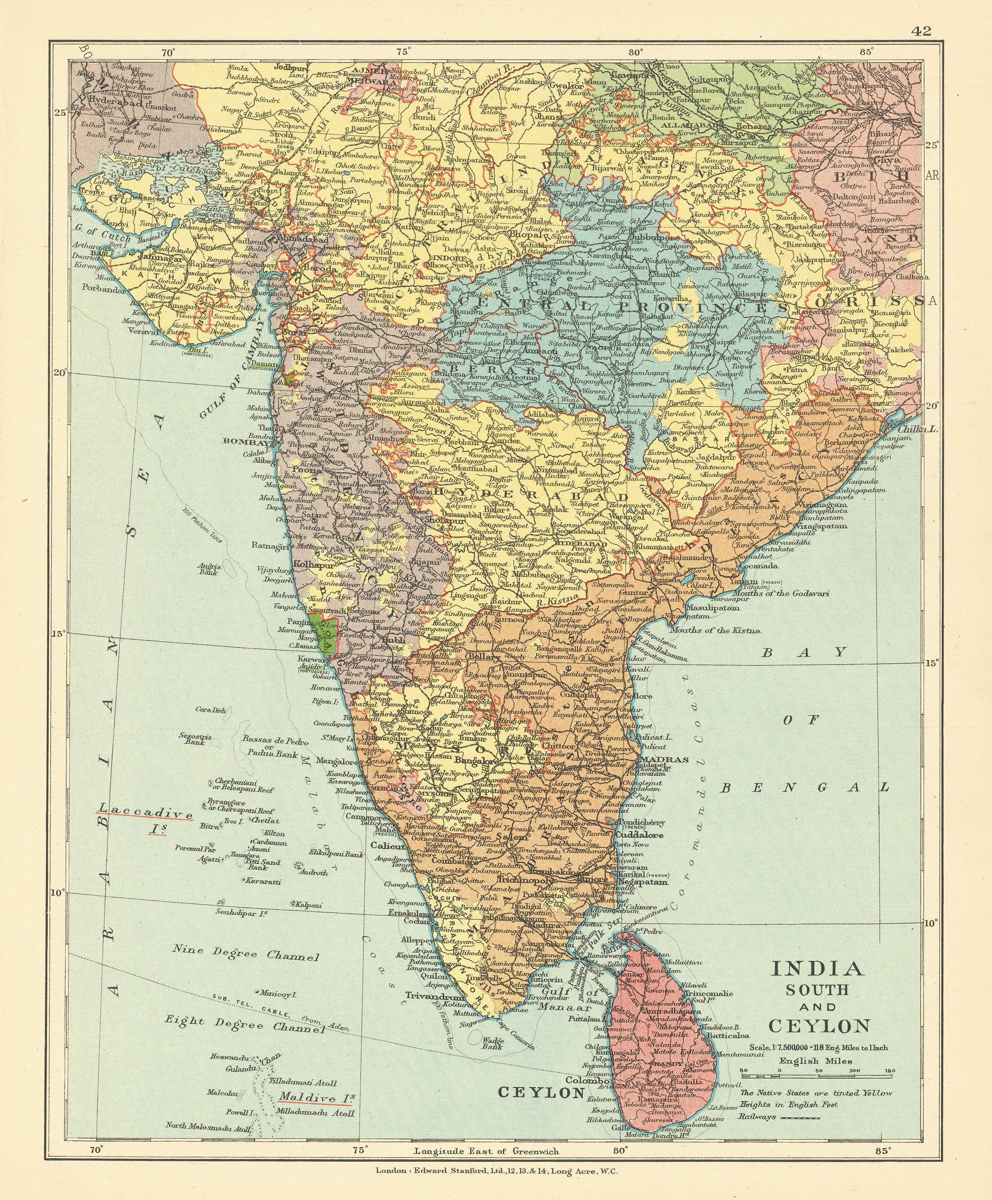 Associate Product British India South and Ceylon. Sri Lanka. Native States. STANFORD c1925 map