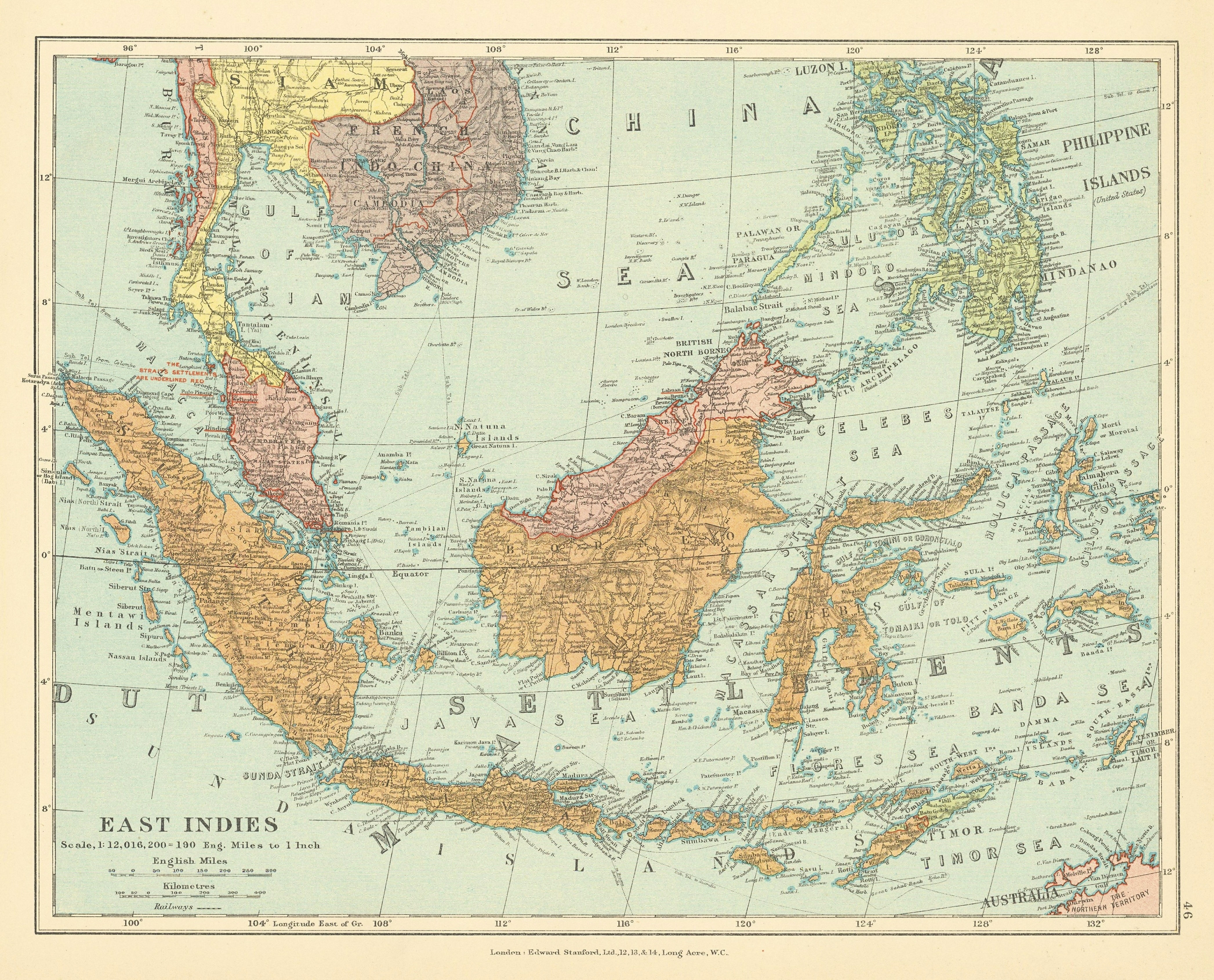 East Indies Indonesia Malaysia Straits Settlements Indochina STANFORD c1925 map
