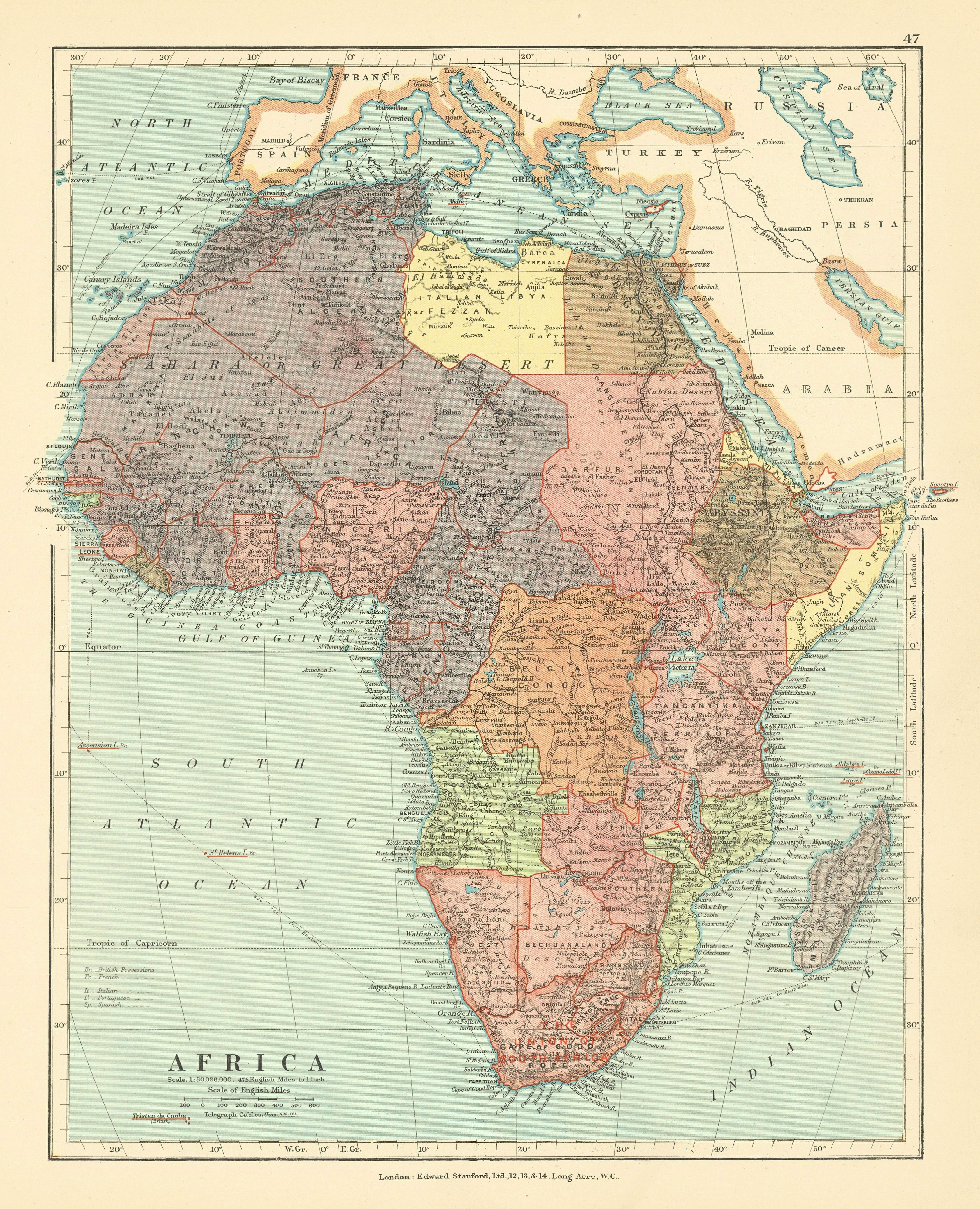 Africa. French West/Equatorial. Tanganyika Belgian Congo. STANFORD c1925 map