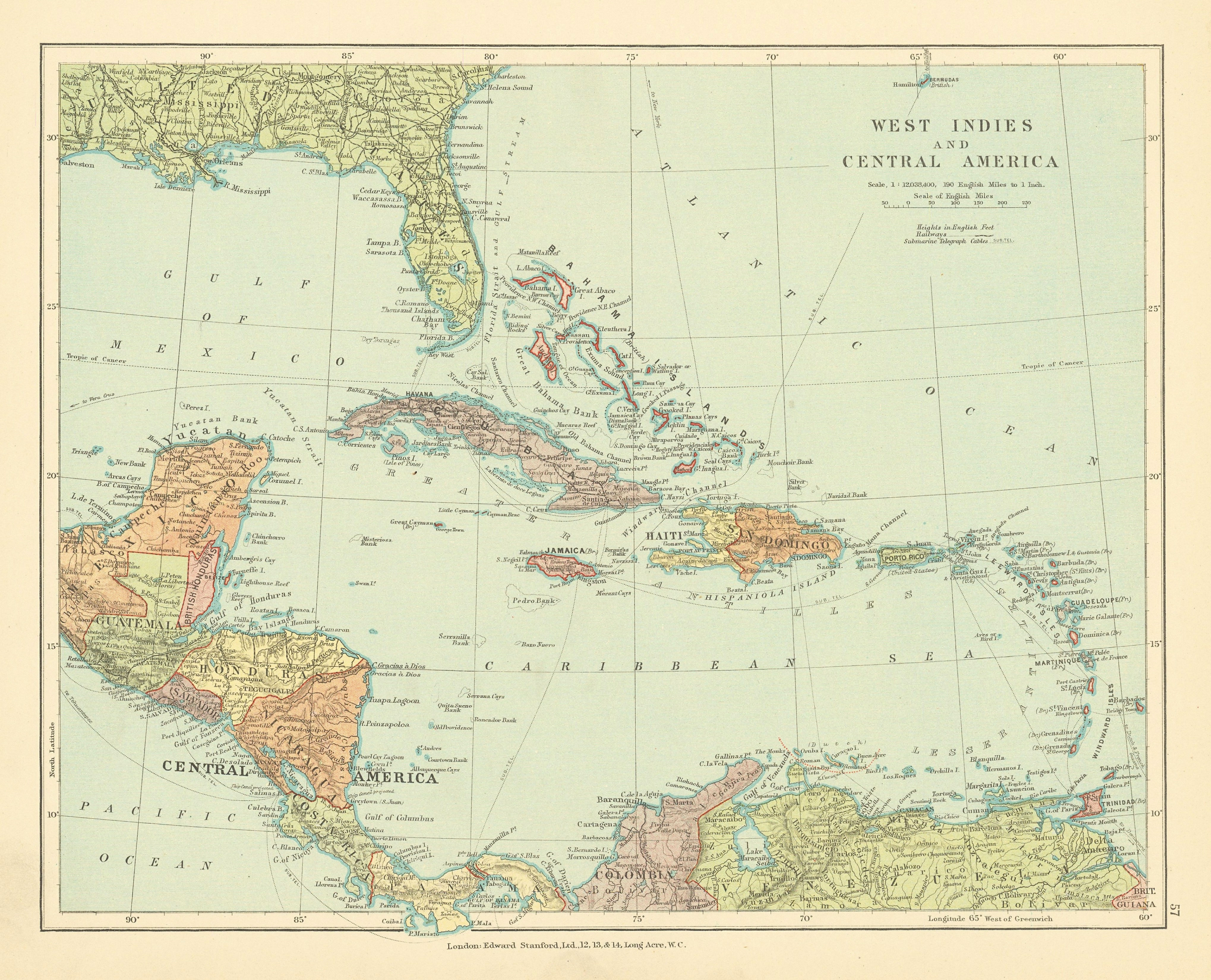 West Indies and Central America. Caribbean. STANFORD c1925 old vintage map