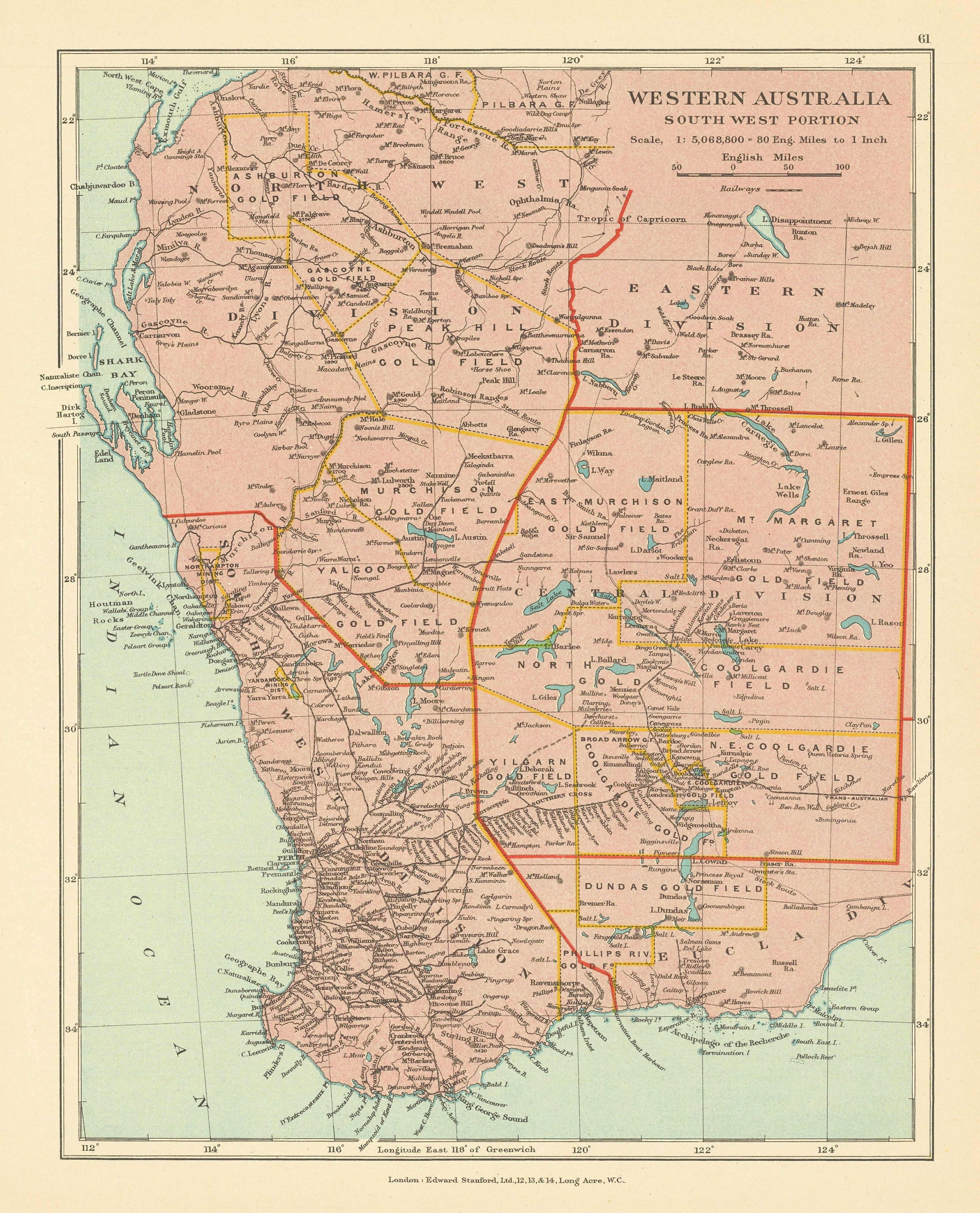 Associate Product Western Australia, South-West Portion. Goldfields. Perth. STANFORD c1925 map