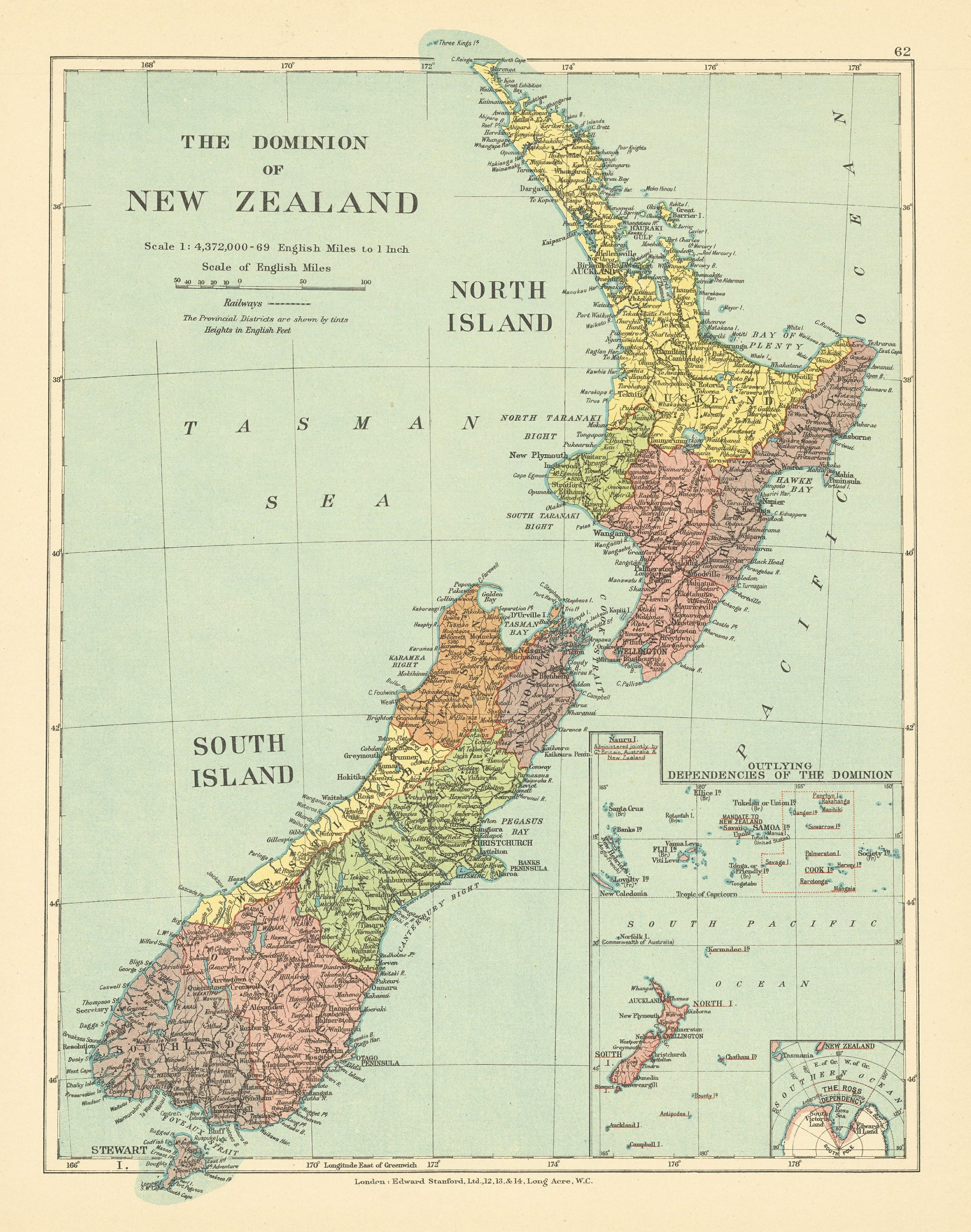 Dominion of New Zealand in provinces. Outlying Dependencies. STANFORD c1925 map