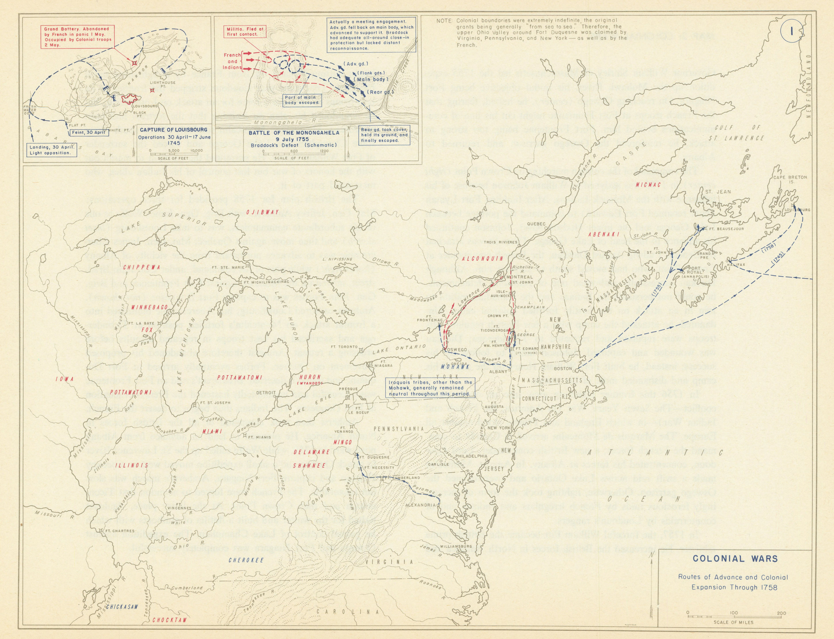 French & Indian War. 1758 Advance. 1745 Louisbourg. 1755 Monongahela 1959 map