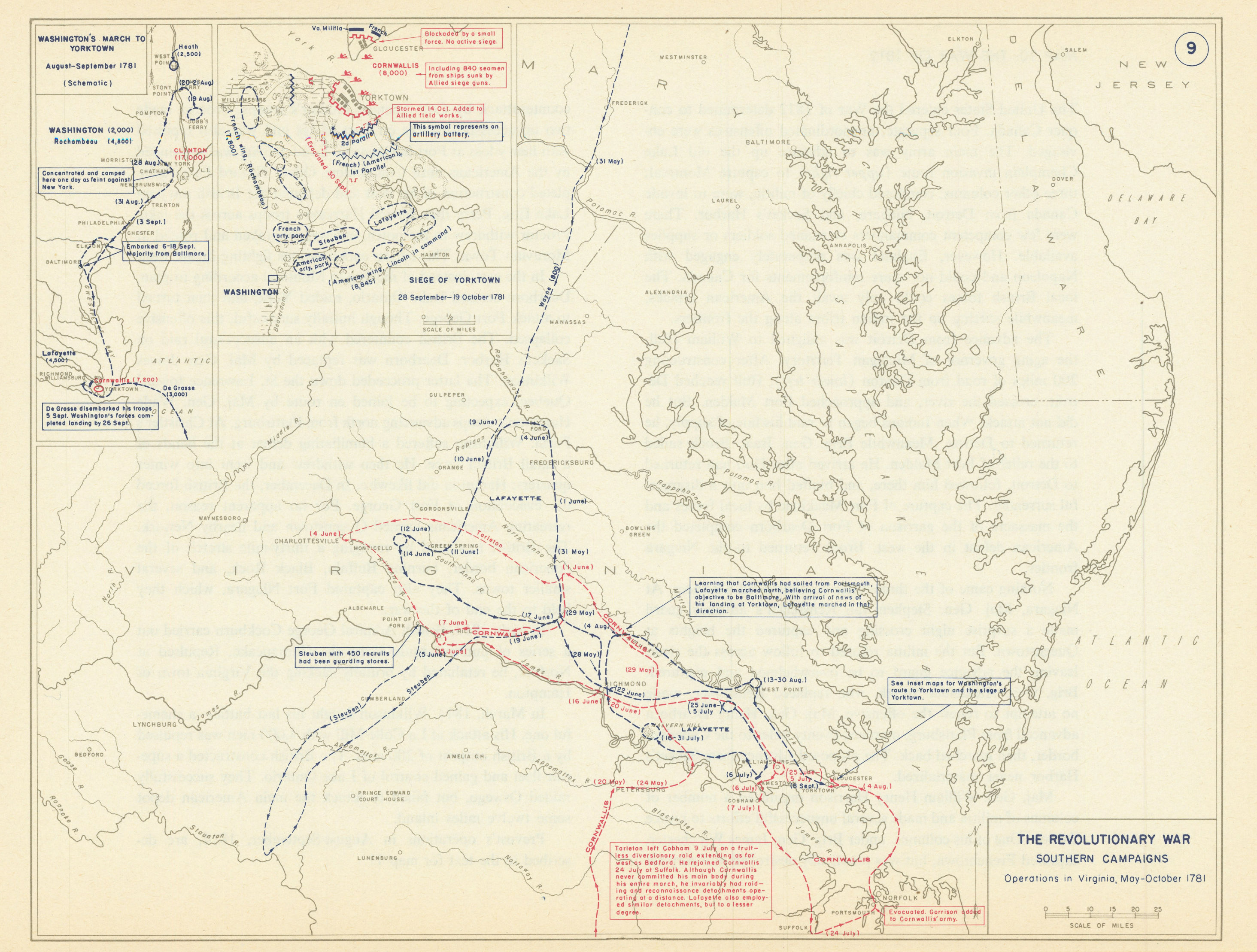 Associate Product Revolutionary War 1781 Virginia. Washington's March & Siege of Yorktown 1959 map