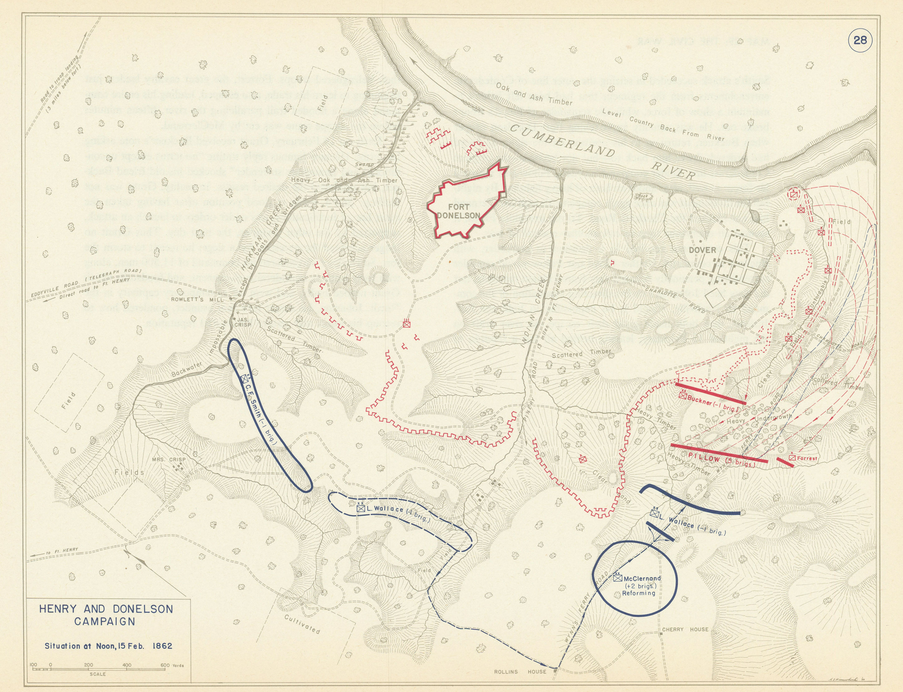 American Civil War. Noon 15 February 1862. Battle of Fort Donelson 1959 map