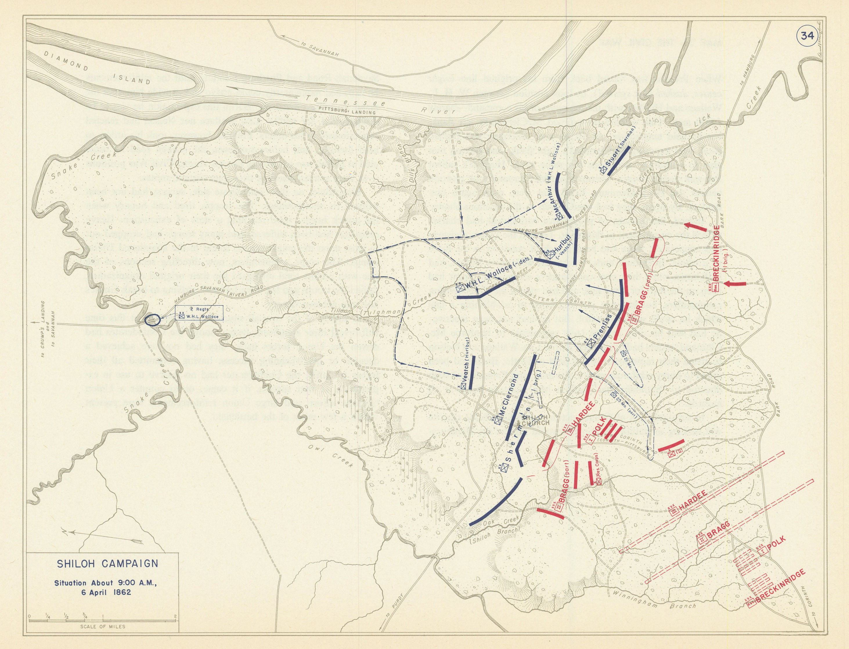 Associate Product American Civil War. 9am 6 April 1862. Battle of Shiloh. Tennessee 1959 old map