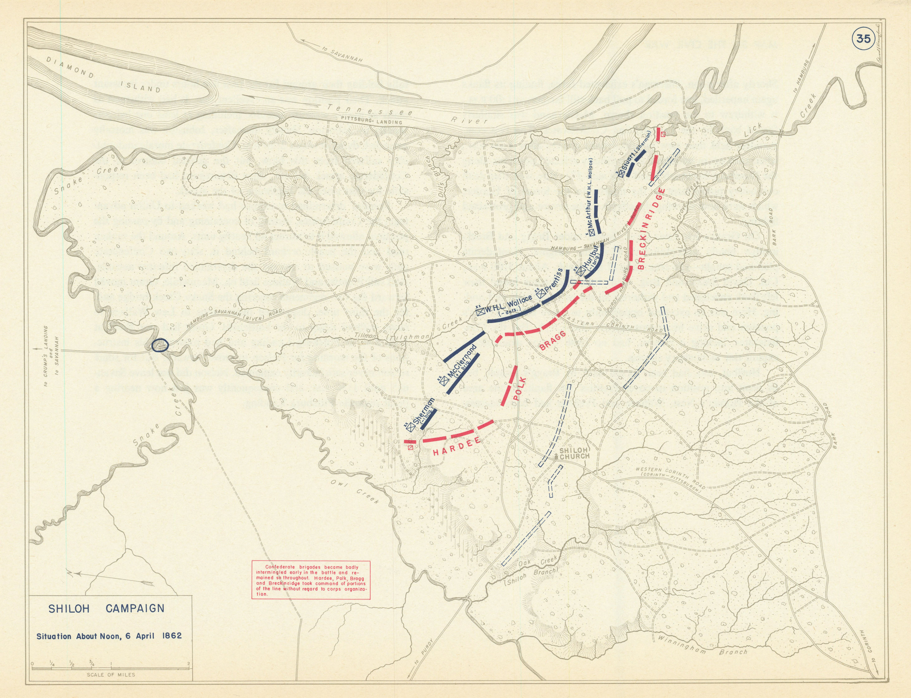 Associate Product American Civil War. Noon 6 April 1862. Battle of Shiloh. Tennessee 1959 map