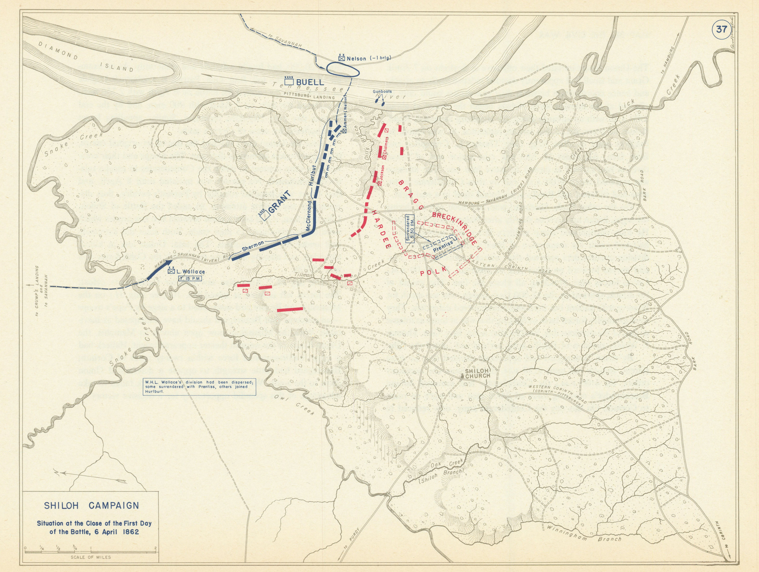 Associate Product American Civil War. Evening 6 April 1862. Battle of Shiloh. Tennessee 1959 map