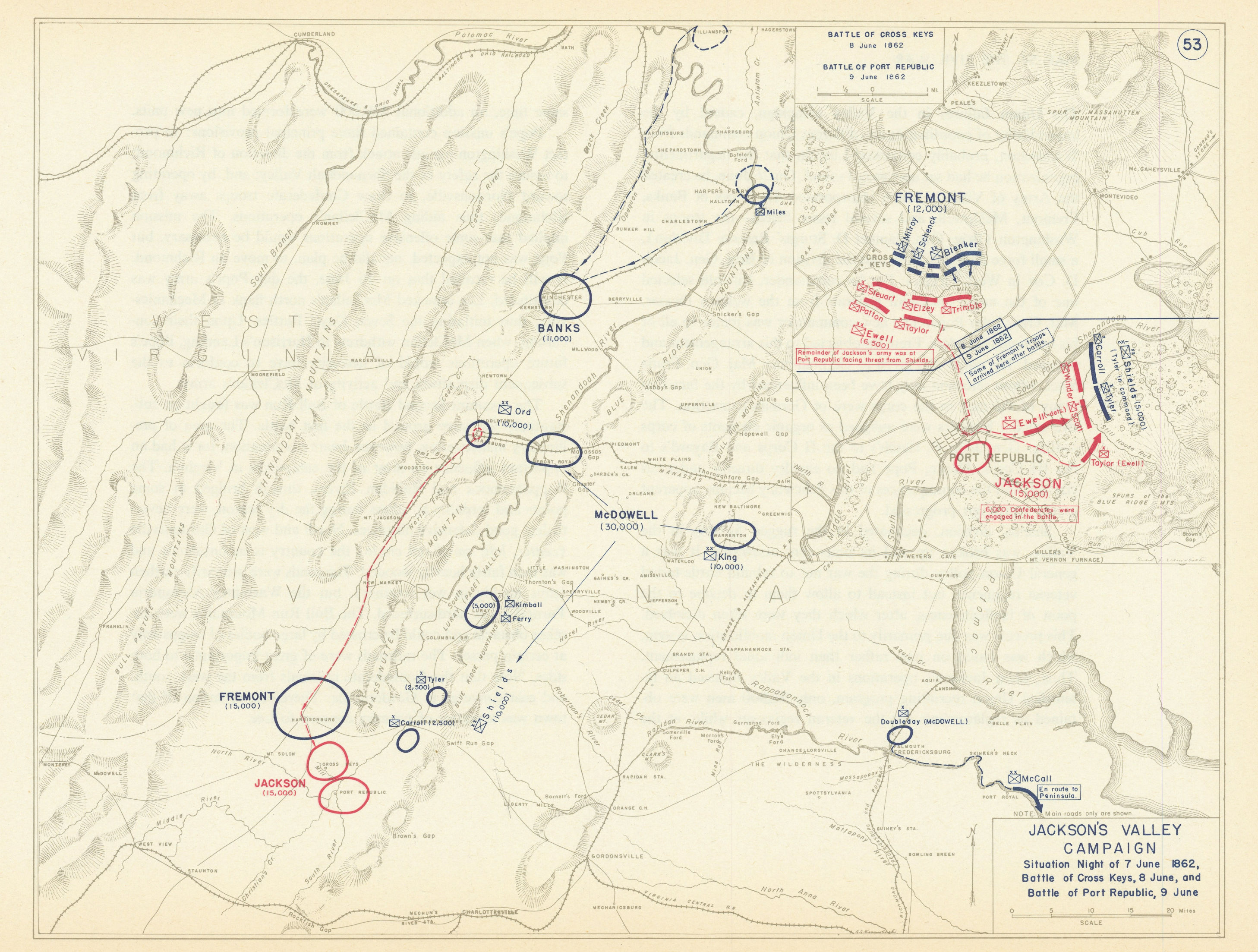 Associate Product American Civil War June 1862 Jackson's Valley. Cross Keys Port Republic 1959 map