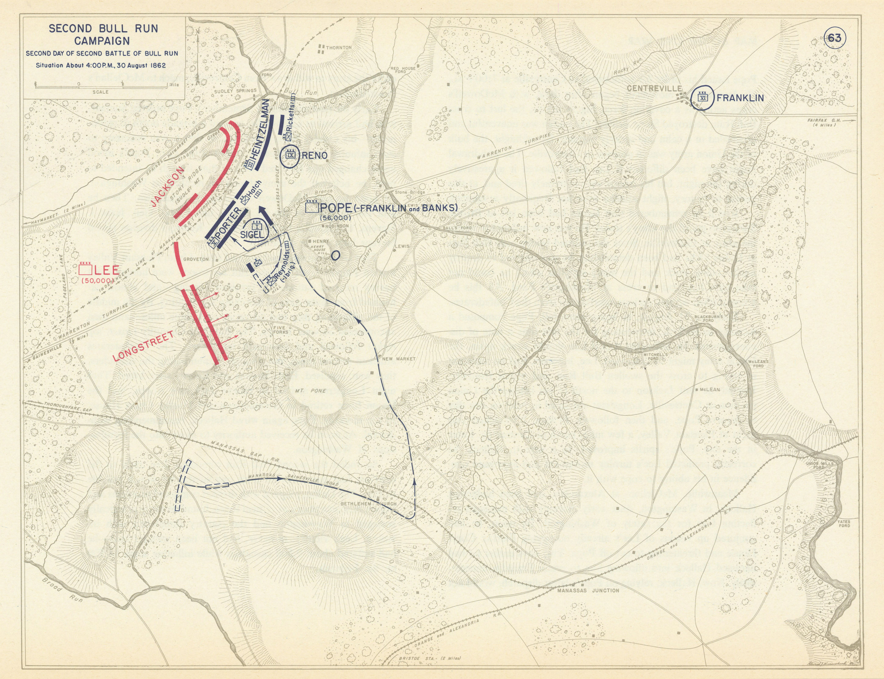 American Civil War. 4pm 30 August 1862. Second Battle of Bull Run 1959 old map