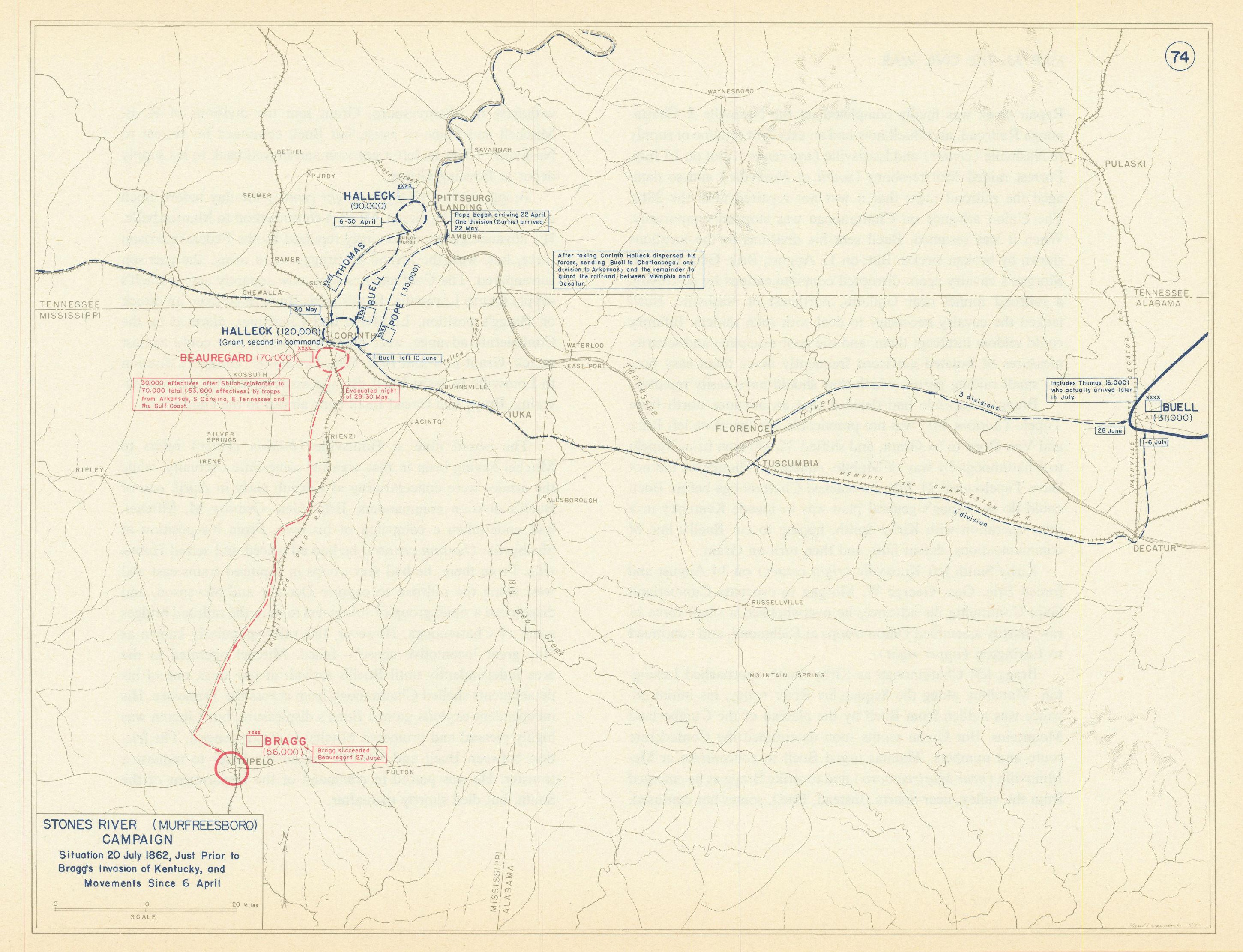 American Civil War. 6 April-20 July 1862 Stones River Campaign 1959 old map