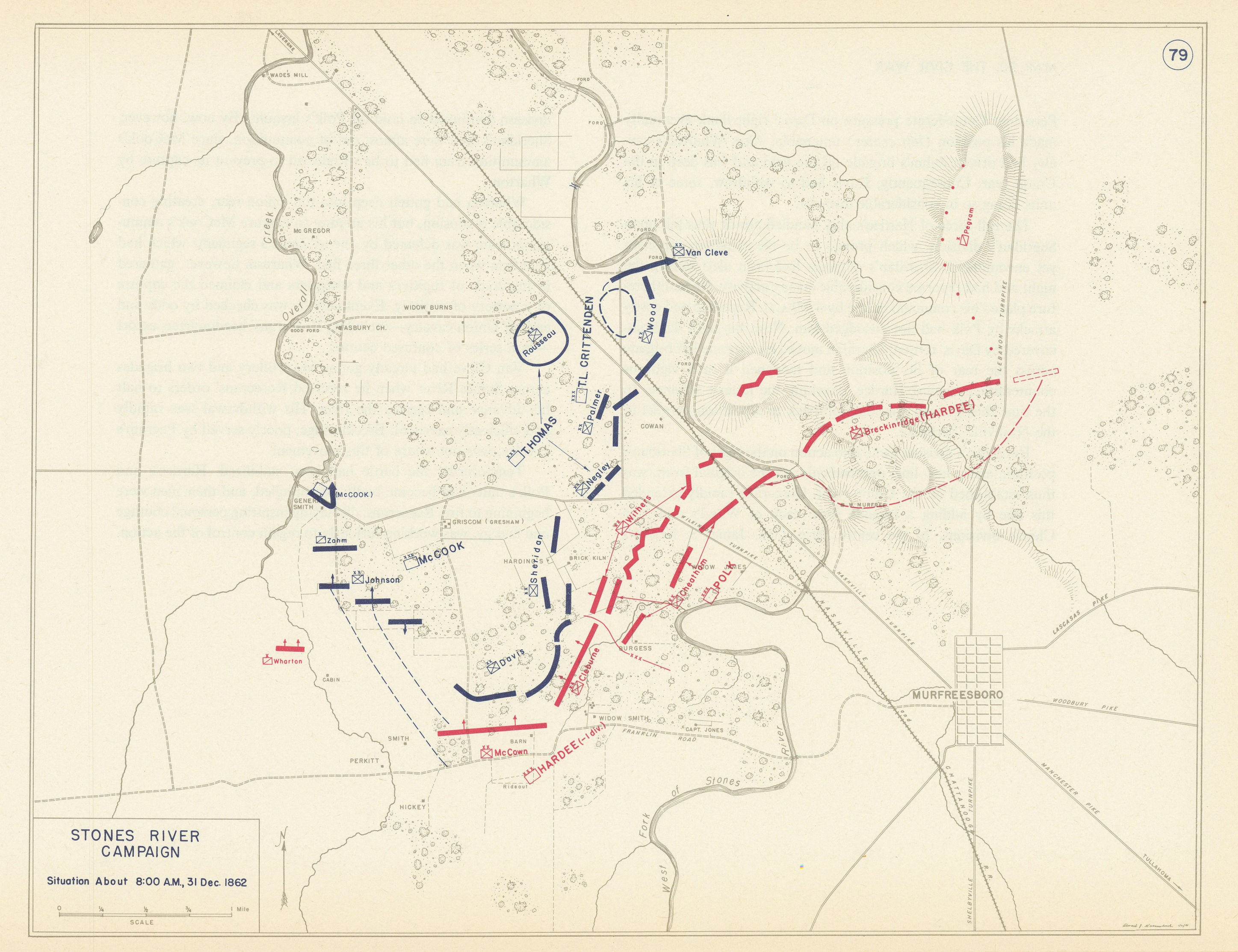 Associate Product American Civil War. 8am 31 December 1862. Battle of Stones River 1959 old map